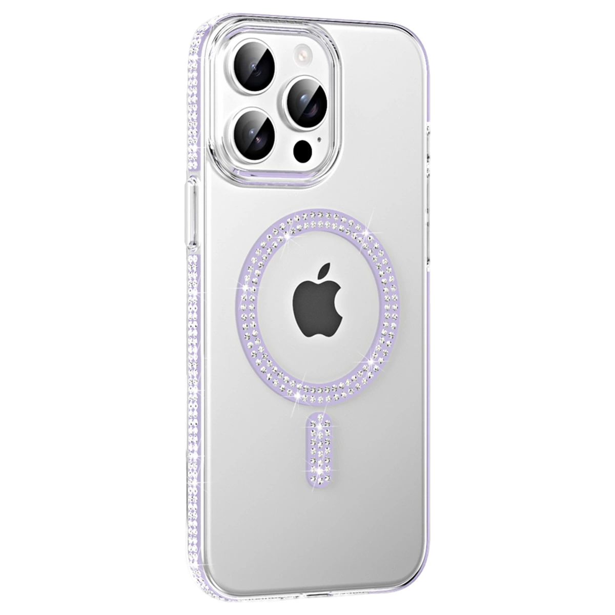 Mor kenarlı, taşlı, Apple logolu şeffaf iPhone kılıfı.