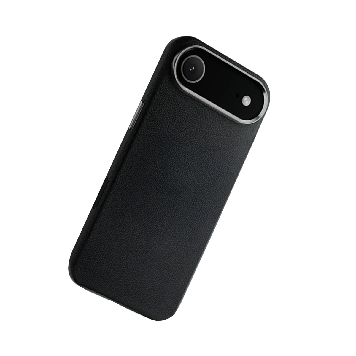 Kamera lensinin etrafında gümüş kenarlı, siyah dokulu telefon kılıfı.