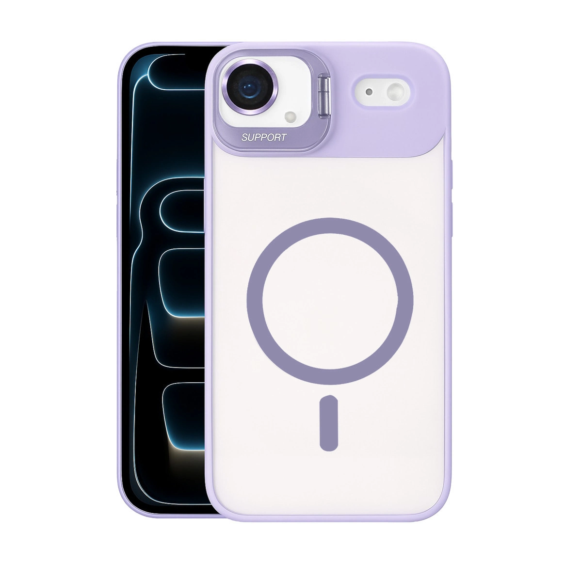 Dairesel manyetik halkalı şeffaf kılıflı mor iPhone.