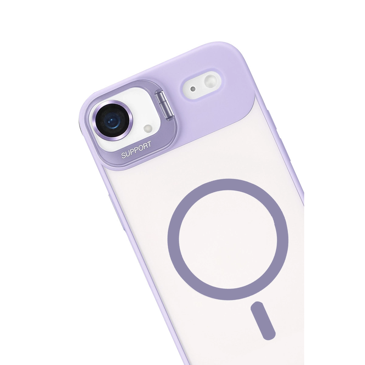 Lavanta rengi iPhone kılıfı, şeffaf arka ve manyetik halka.