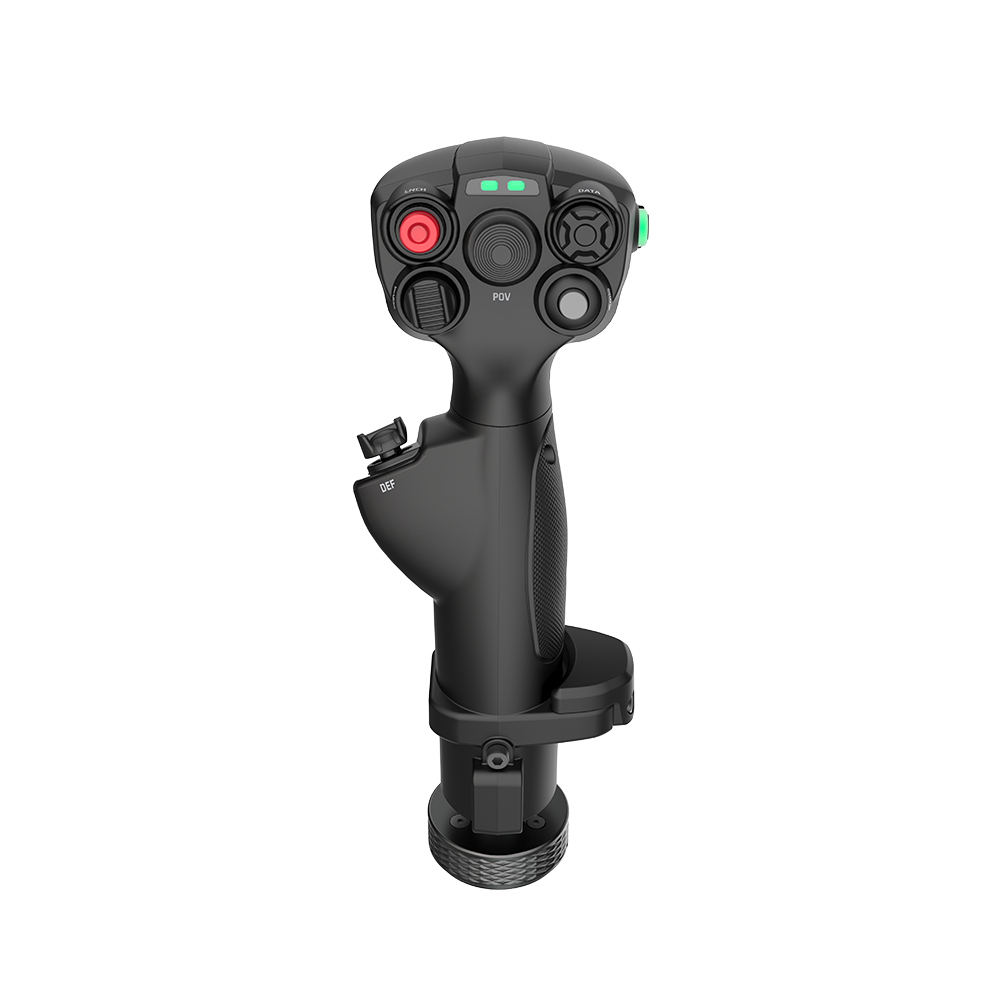 Joystick noir avec boutons rouge, vert et gris et un interrupteur argenté.