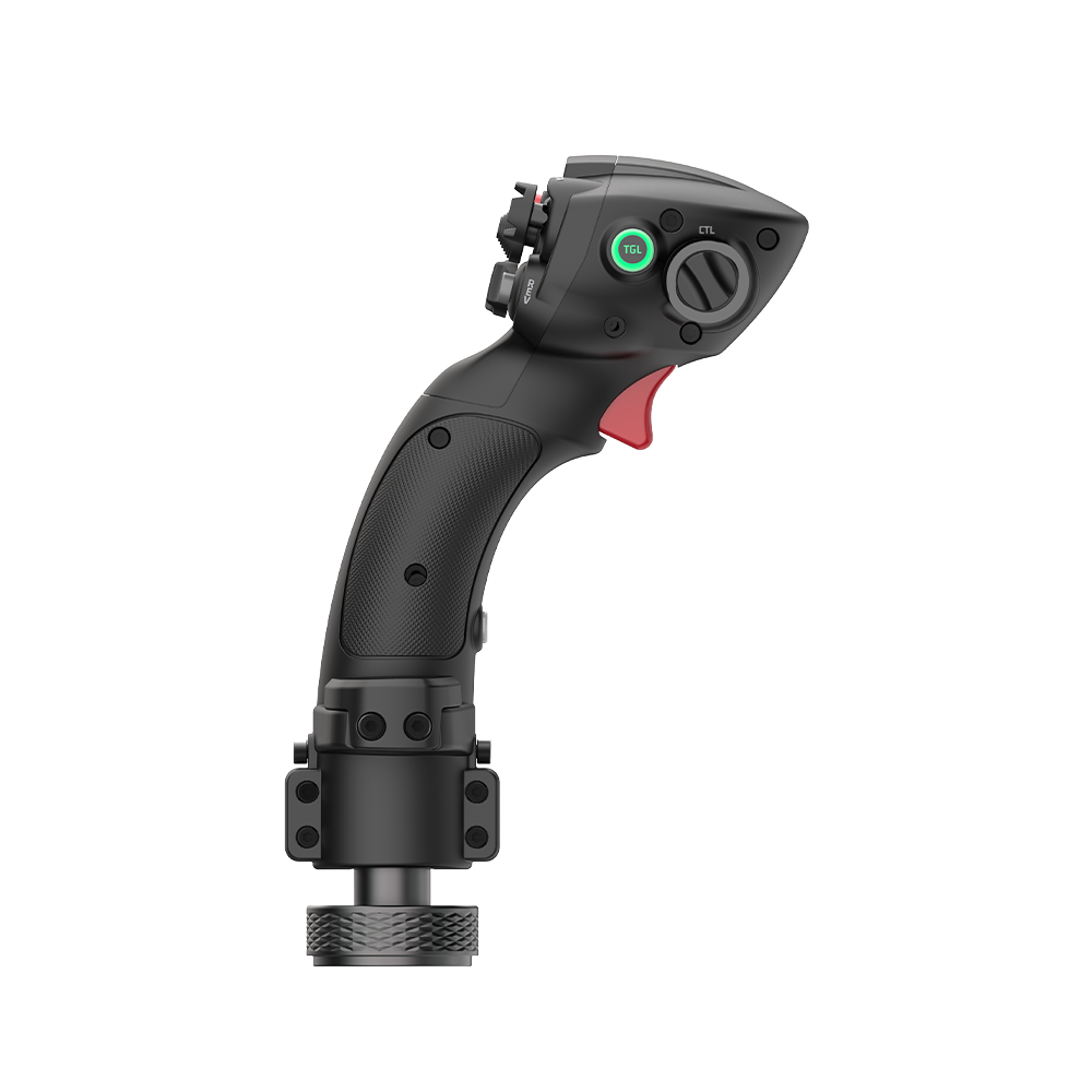 Manette noire avec gâchette rouge et bouton TGL vert, sur fond blanc.