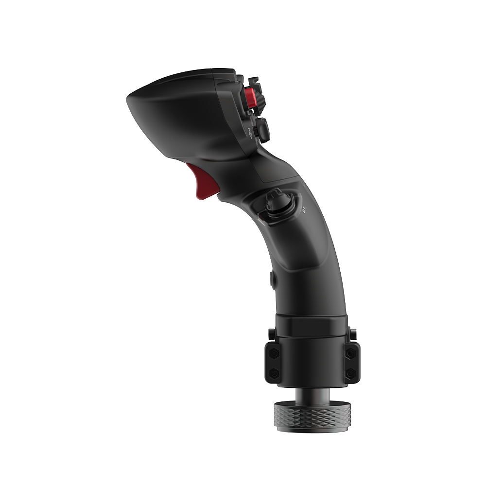 Un joystick noir pour simulateur de vol avec des commandes rouges et grises.