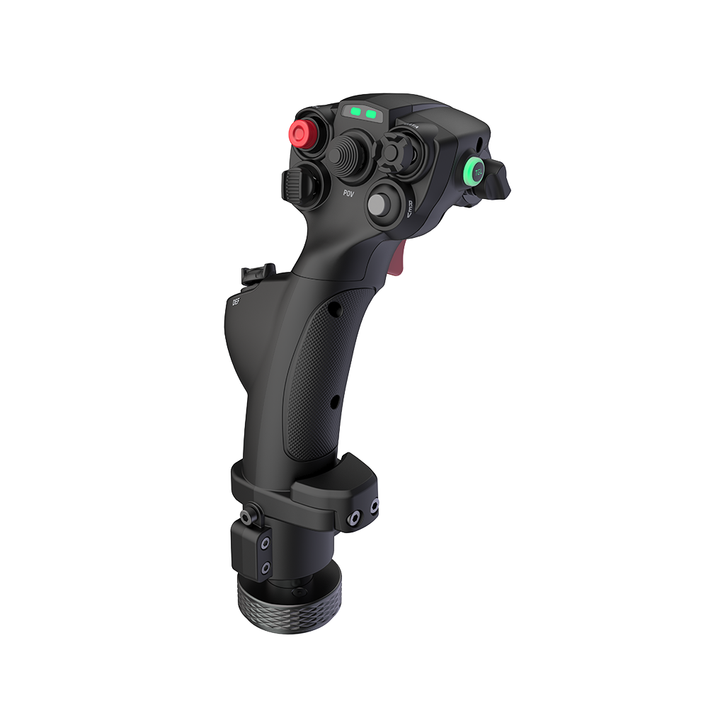 Un manche à balai noir avec boutons rouge et vert, et commandes POV, sur fond blanc.