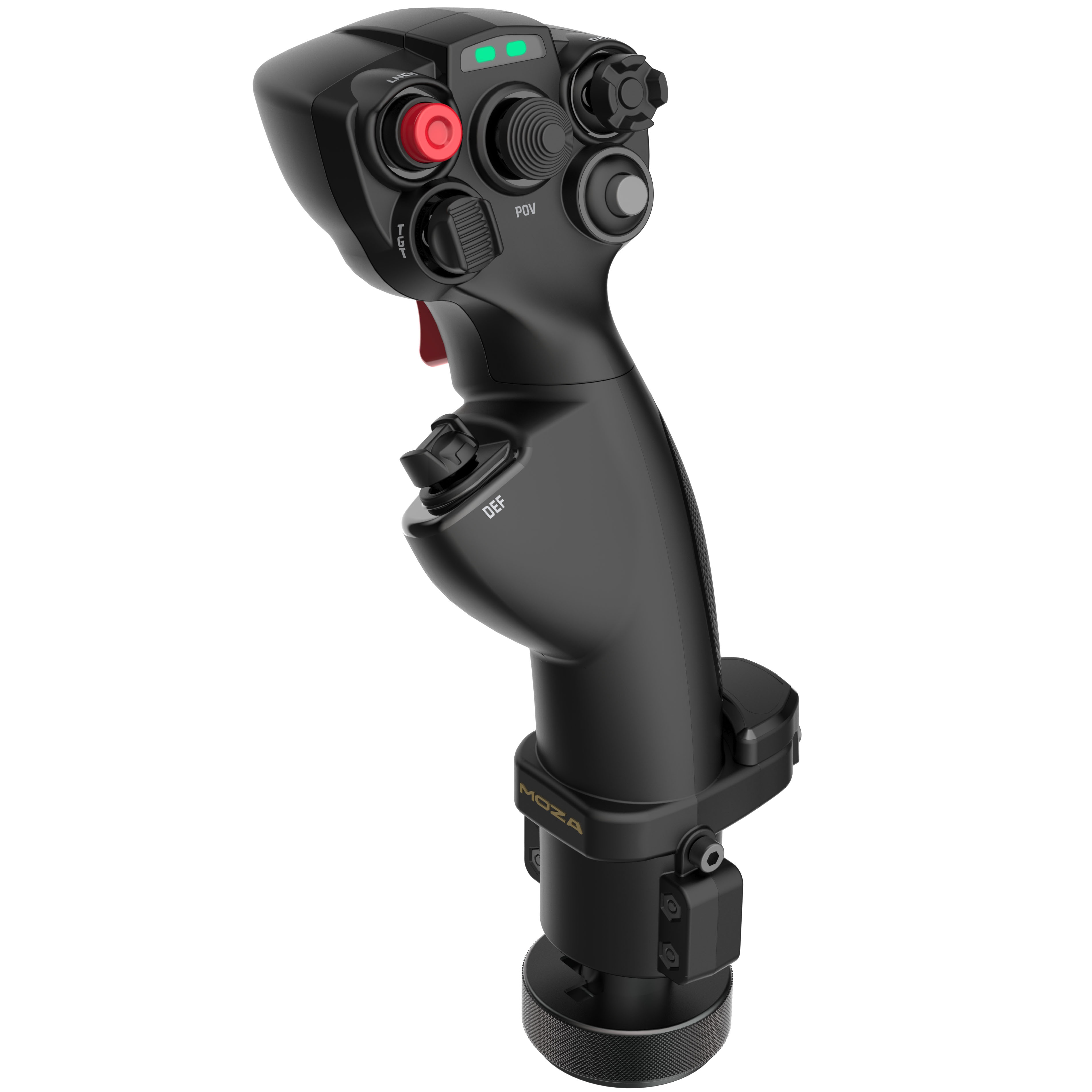 Manette noire avec boutons rouges et gris, lumières vertes et logo 'MOZA'.