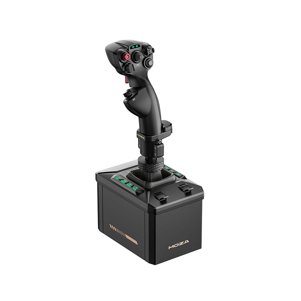 Un joystick de simulateur de vol noir avec de nombreux boutons et une base à lumières vertes.