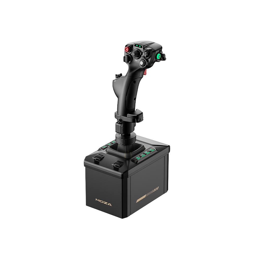 Un joystick noir avec plusieurs boutons et une lumière verte.