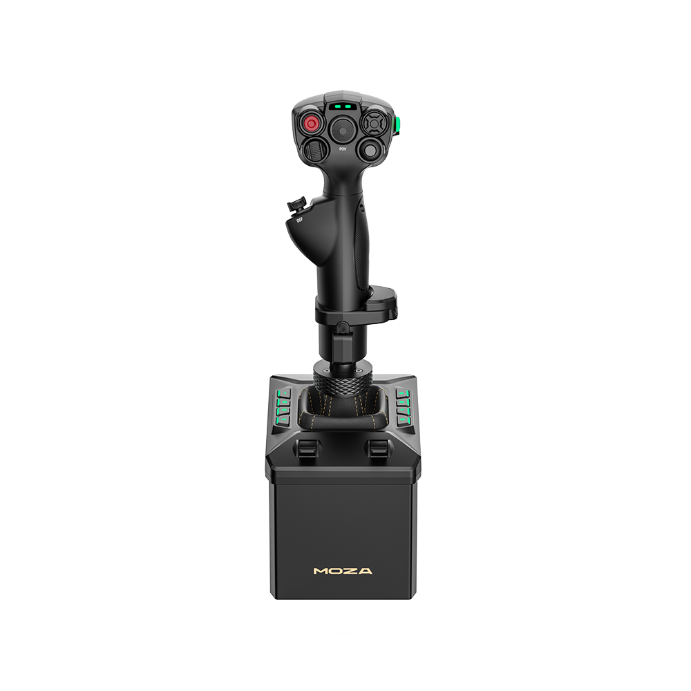 Un joystick noir avec plusieurs boutons et une bande lumineuse verte sur sa base.