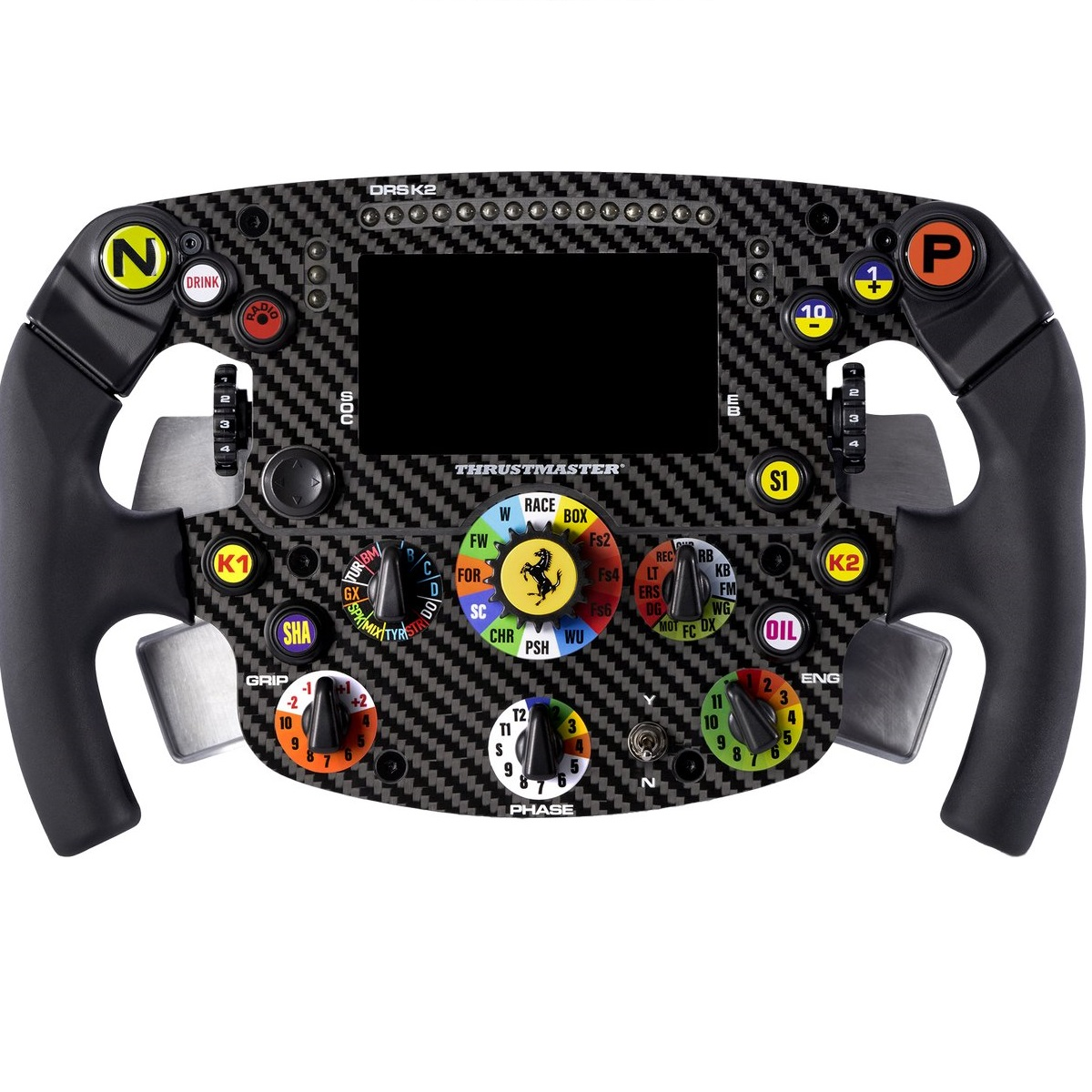 Un volant de course noir et fibre de carbone avec de nombreux boutons, molettes et écran.