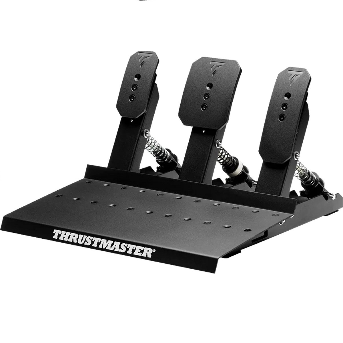 Pédales de jeu noires à trois pédales sur une plateforme métallique avec logo Thrustmaster.