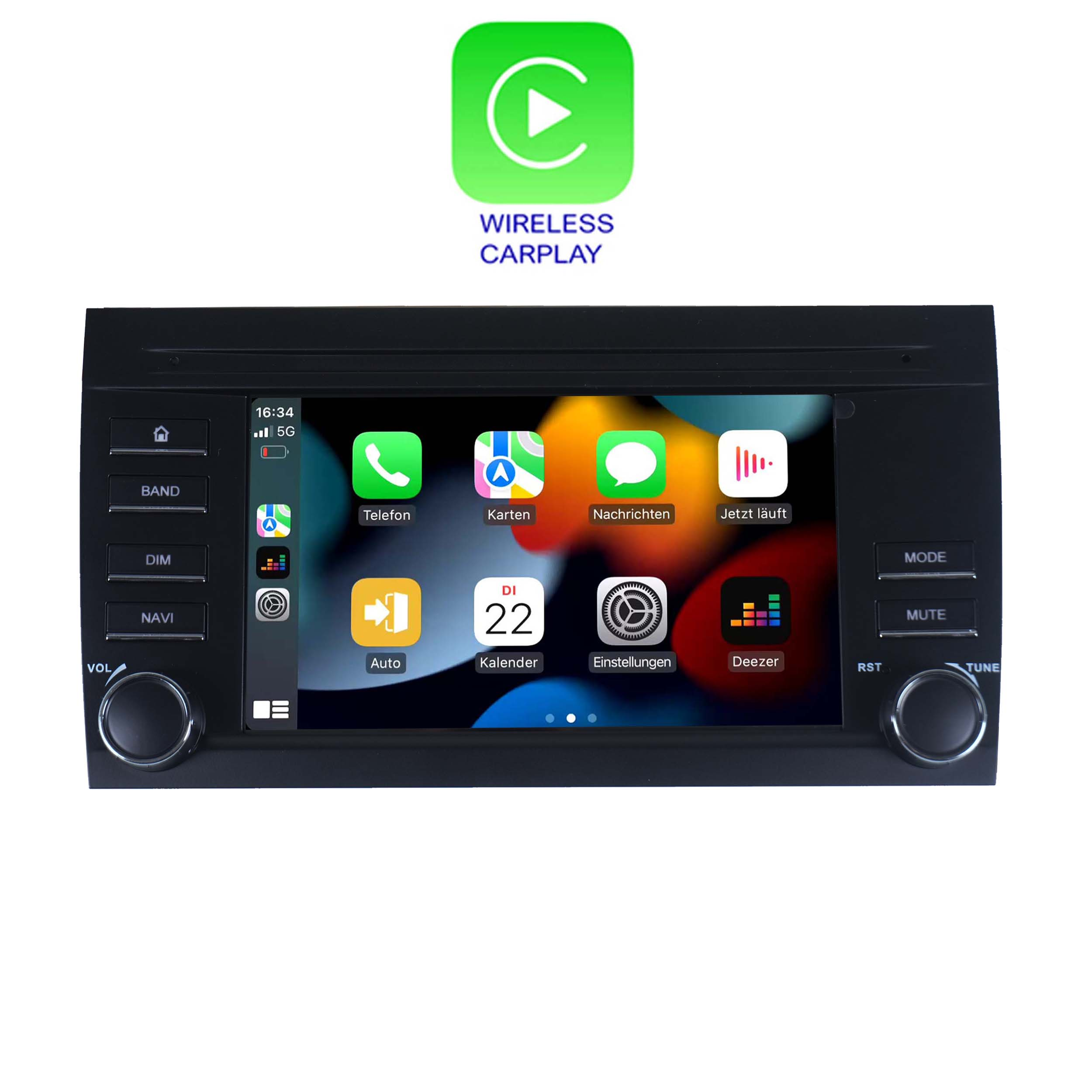 Ein Autoradio-Display zeigt App-Icons: Telefon, Karten, Nachrichten, Kalender, Einstellungen und Deezer.
