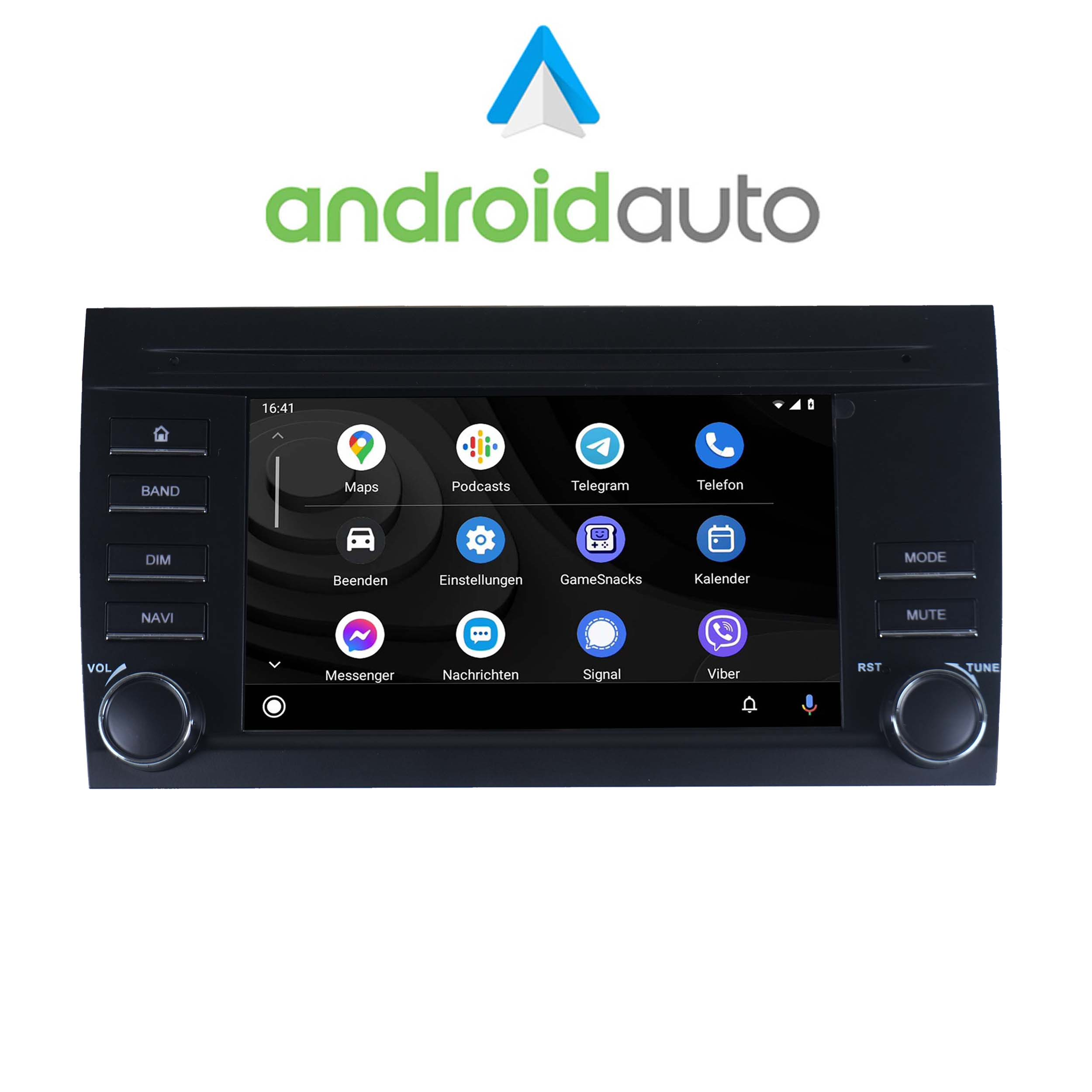 Ein Auto-Infotainmentsystem mit Android Auto-Logo und App-Symbolen.