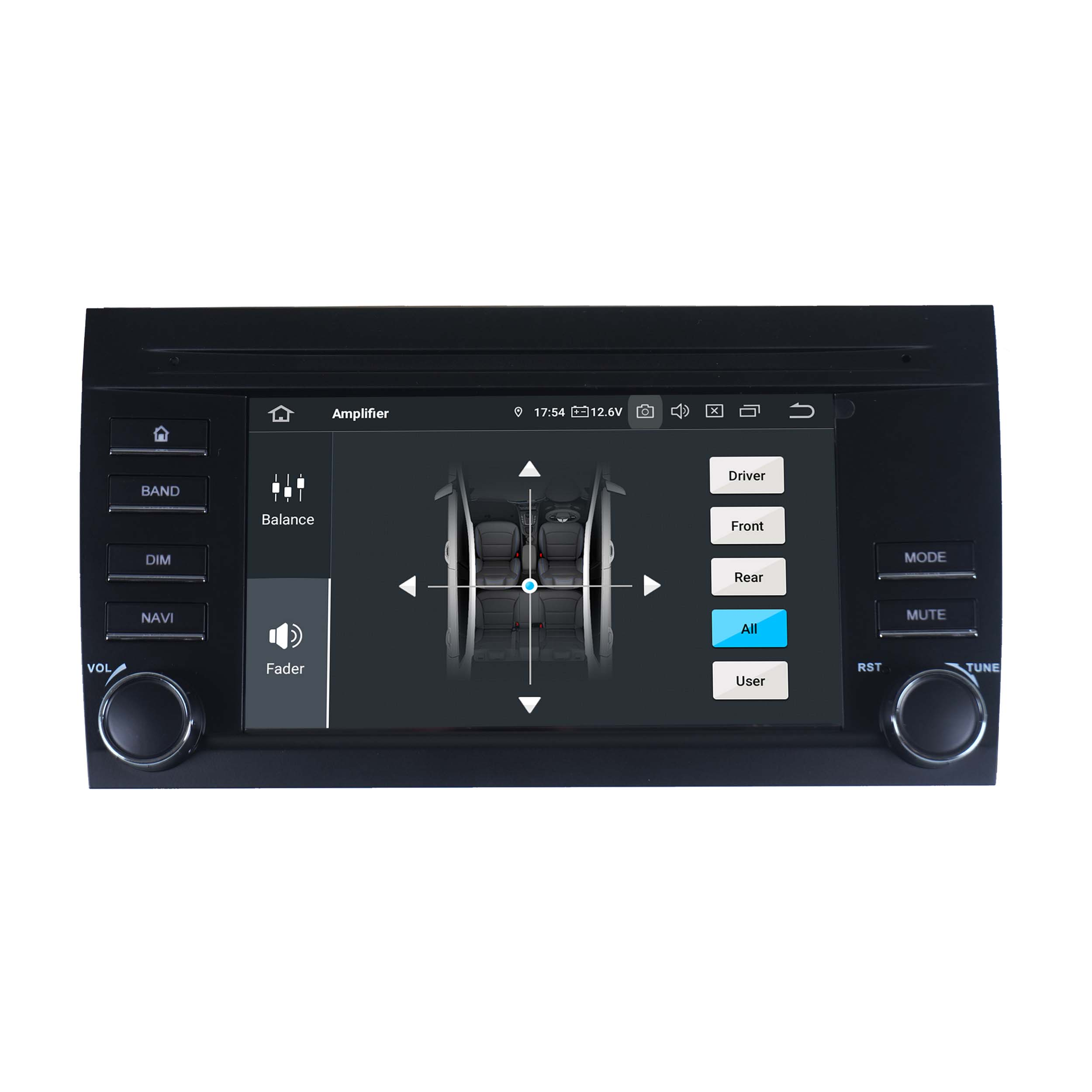 Ein schwarzes Autoradio mit Touchscreen und Knöpfen zeigt eine Audioeinstellung.