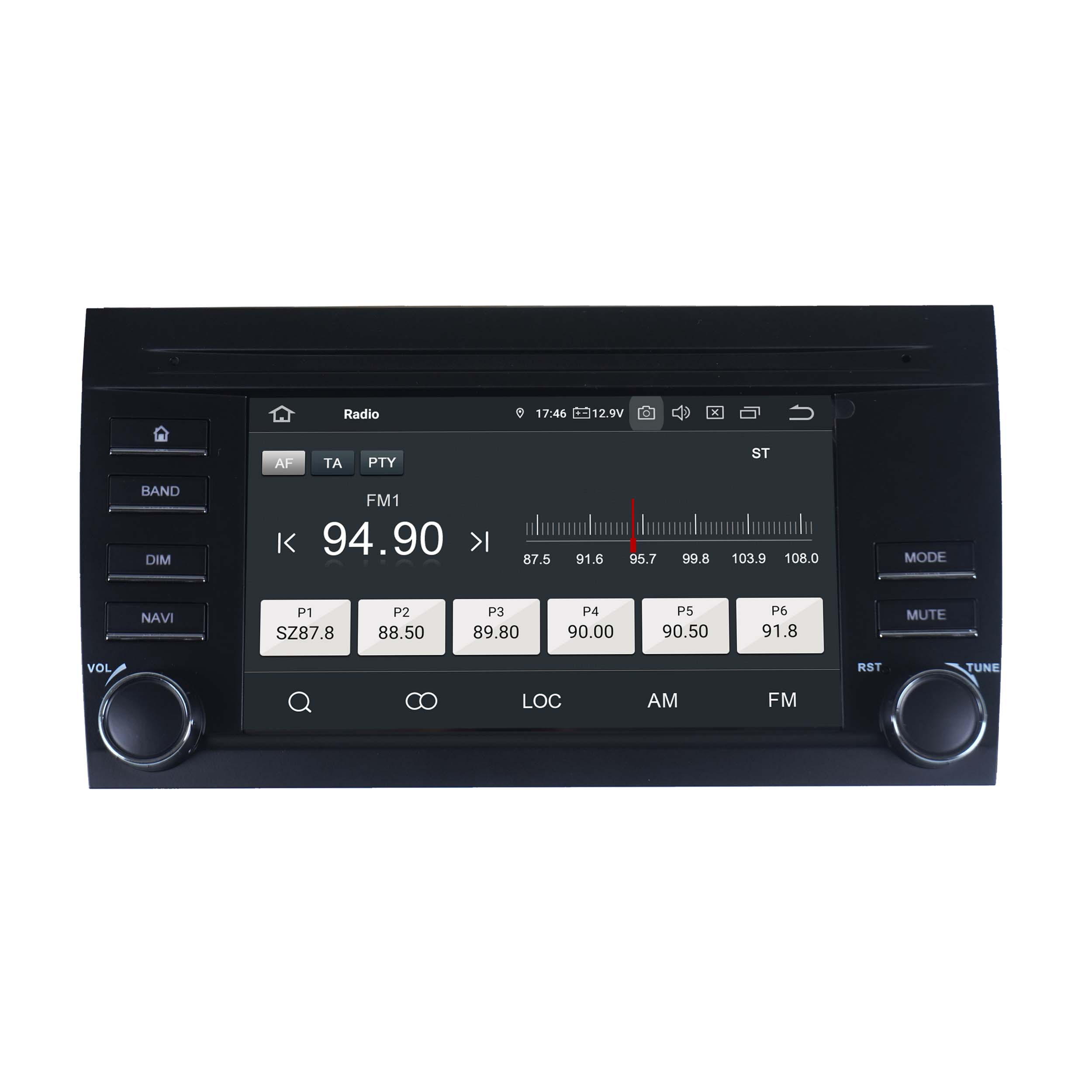 Ein schwarzes Autoradio mit Touchscreen-Display, das FM1 mit 94.90 anzeigt.