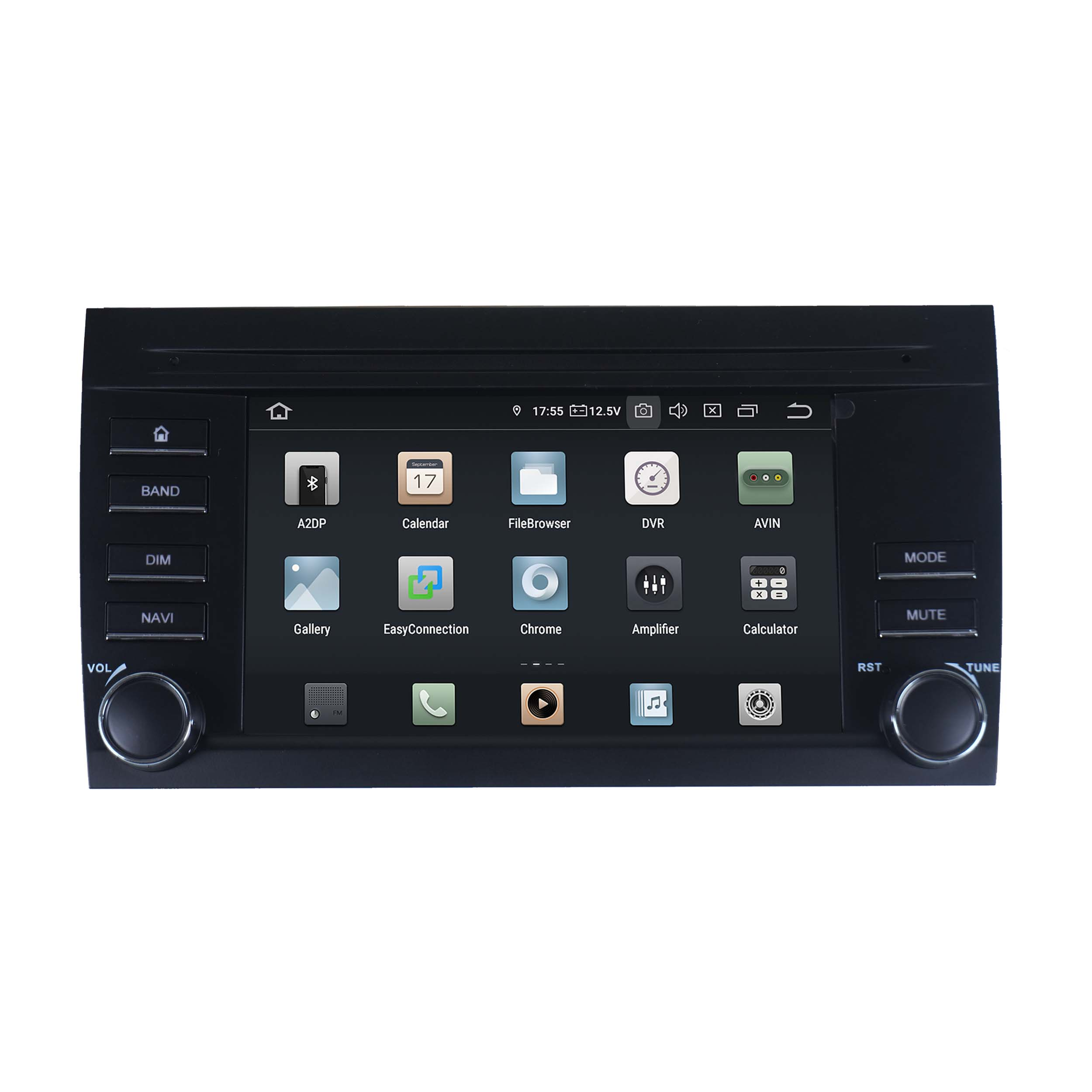 Ein schwarzes Autoradio mit Touchscreen und physischen Knöpfen.
