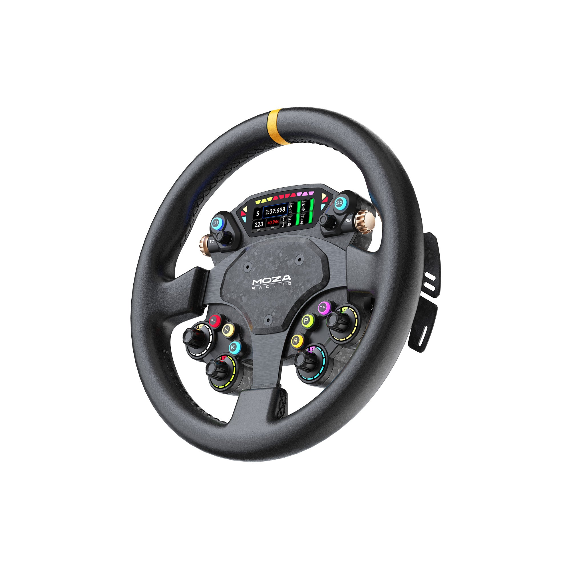 Een zwart racestuur met digitaal display, knoppen en een gele streep.