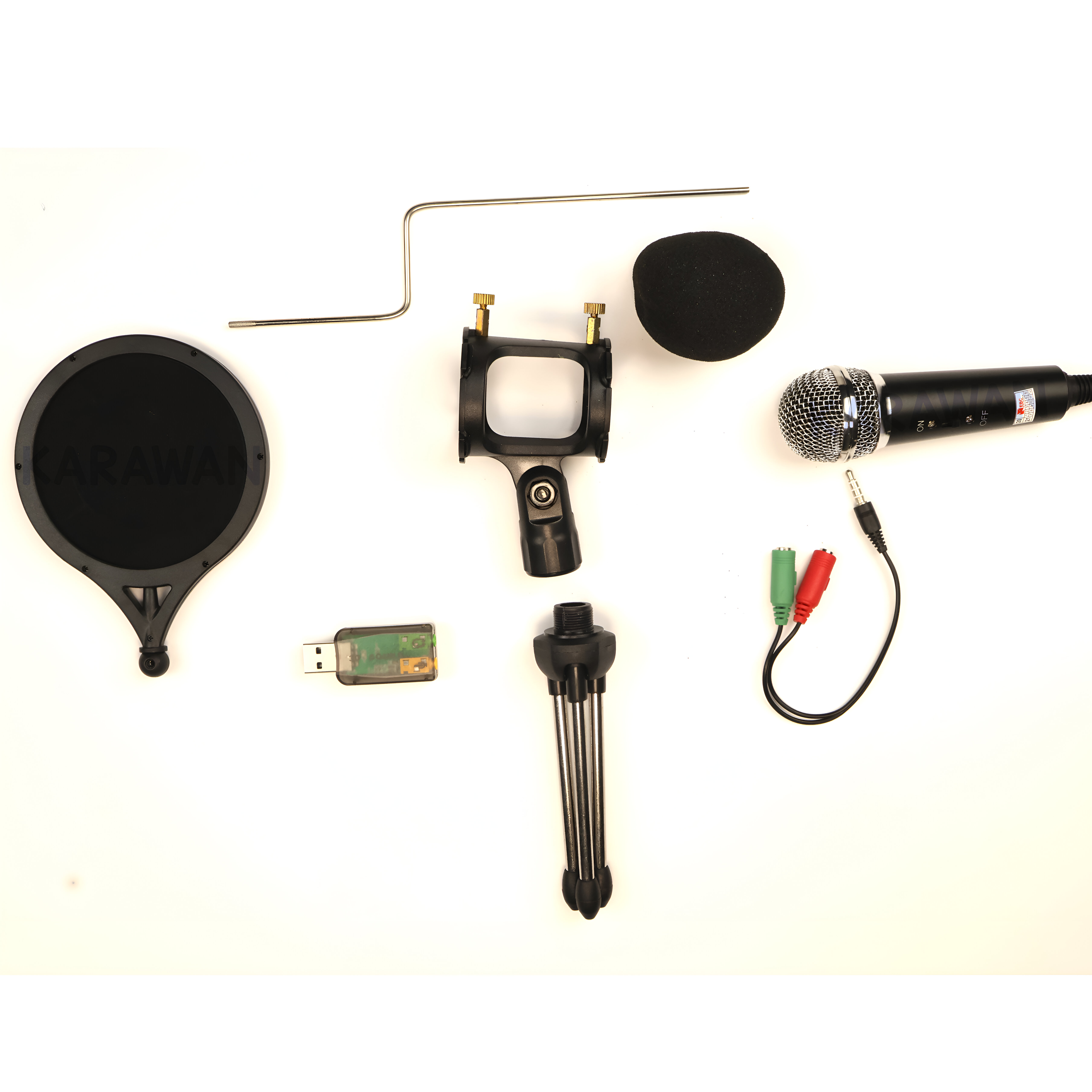Micrófono, filtro antipop, soporte de micrófono, trípode, unidad USB y cables.