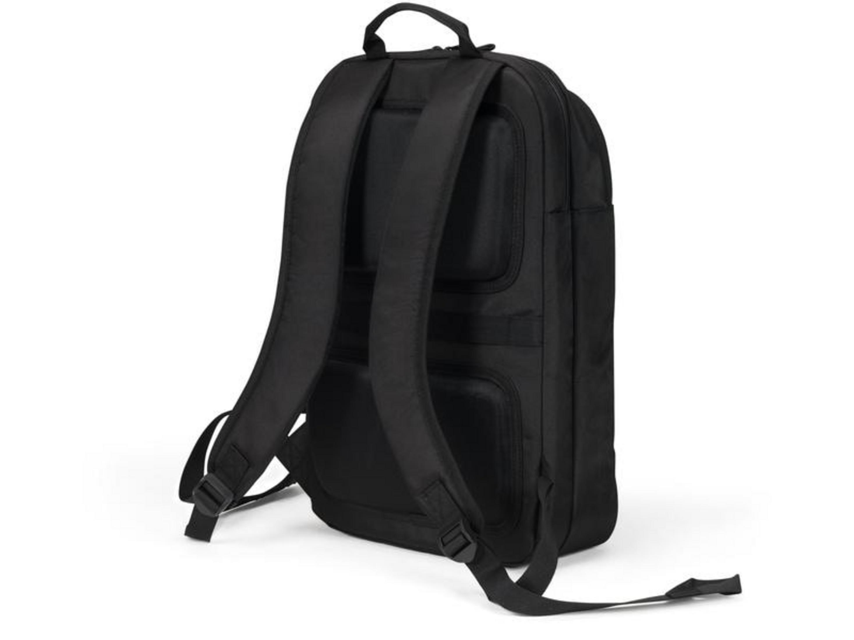Schwarzer Rucksack mit gepolsterten Trägern und Außentaschen auf weißem Hintergrund.