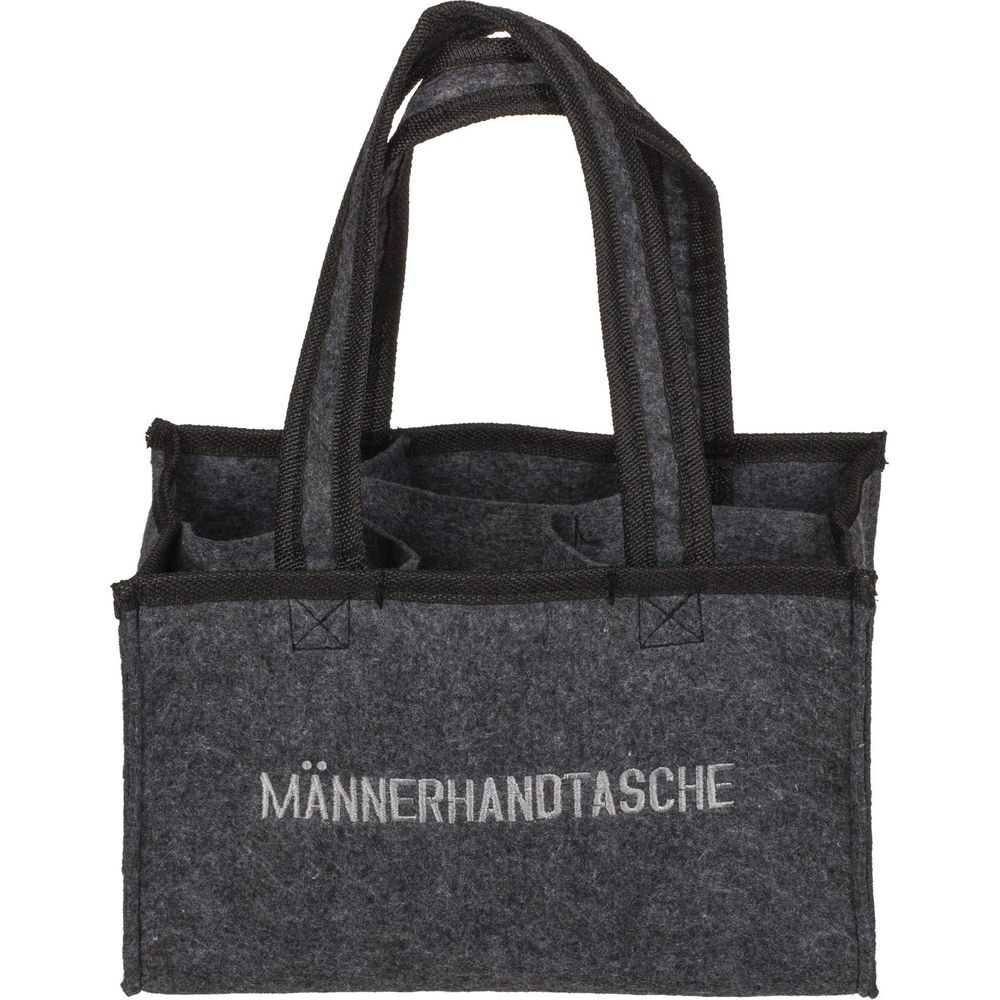 Graue Filztasche mit Henkeln und Aufdruck MÄNNERHANDTASCHE.
