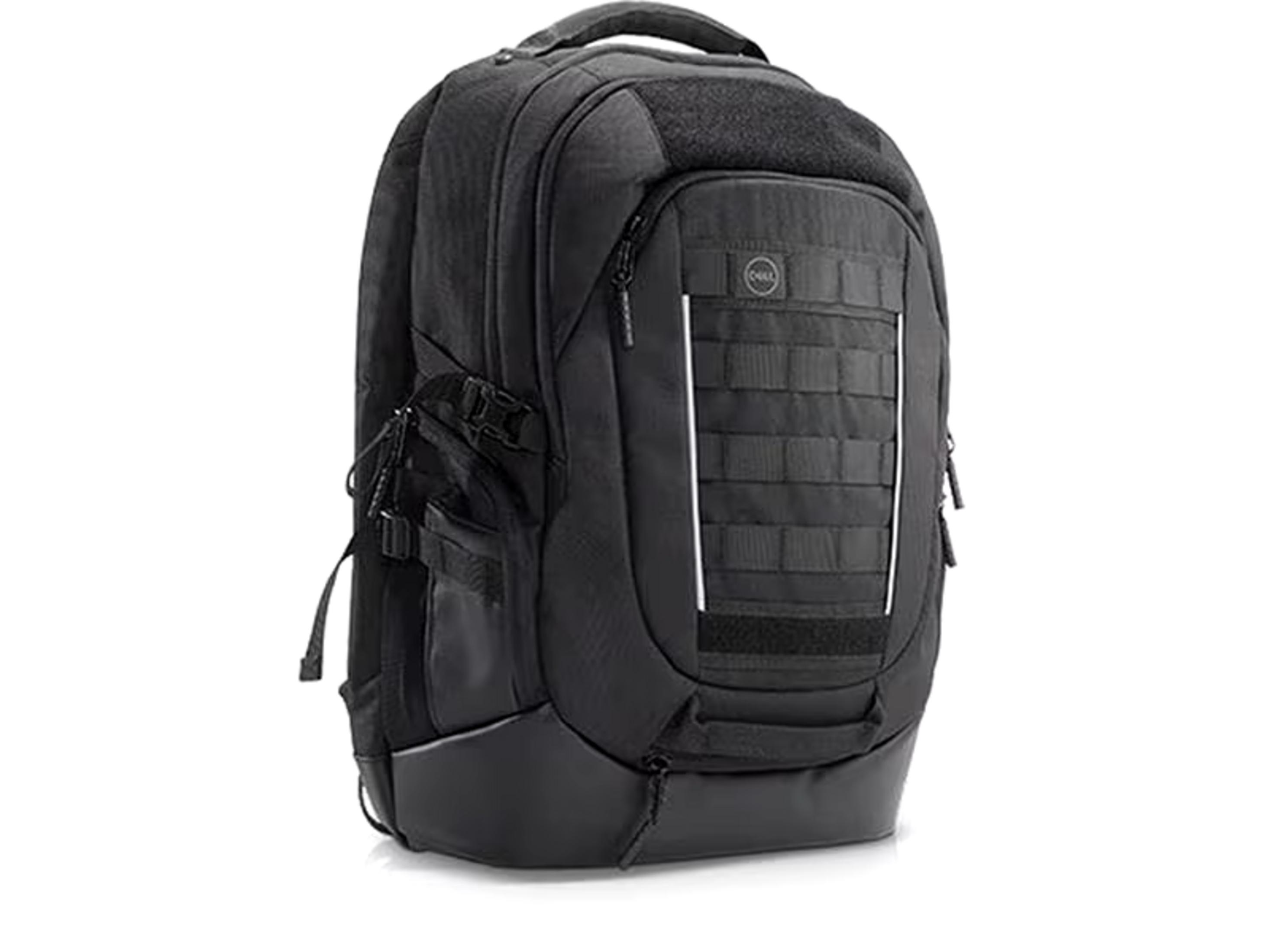 Ein schwarzer Rucksack mit vielen Taschen und einem MOLLE-System.
