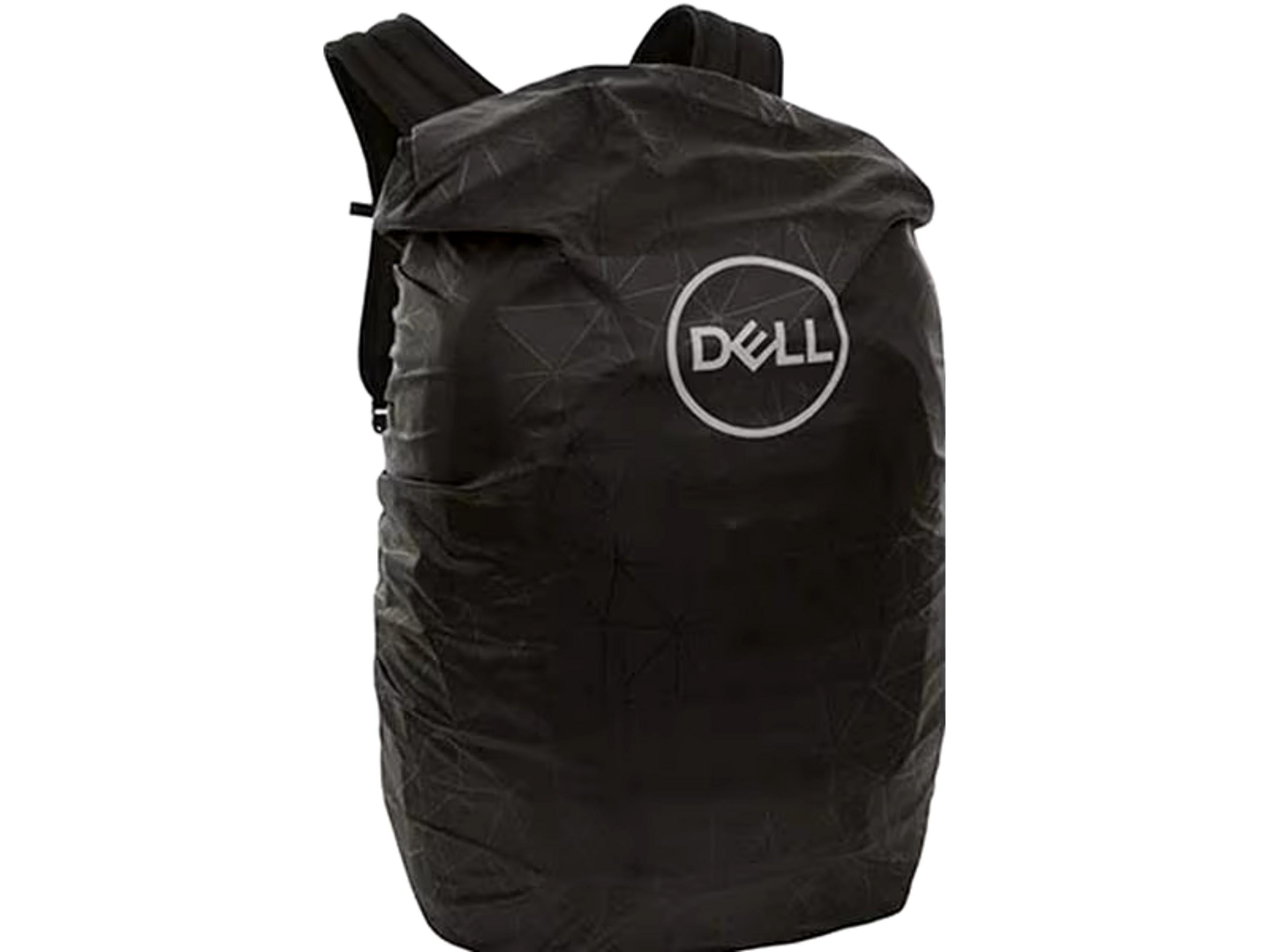 Schwarzer Rucksack mit Dell-Logo und geometrischem Muster.