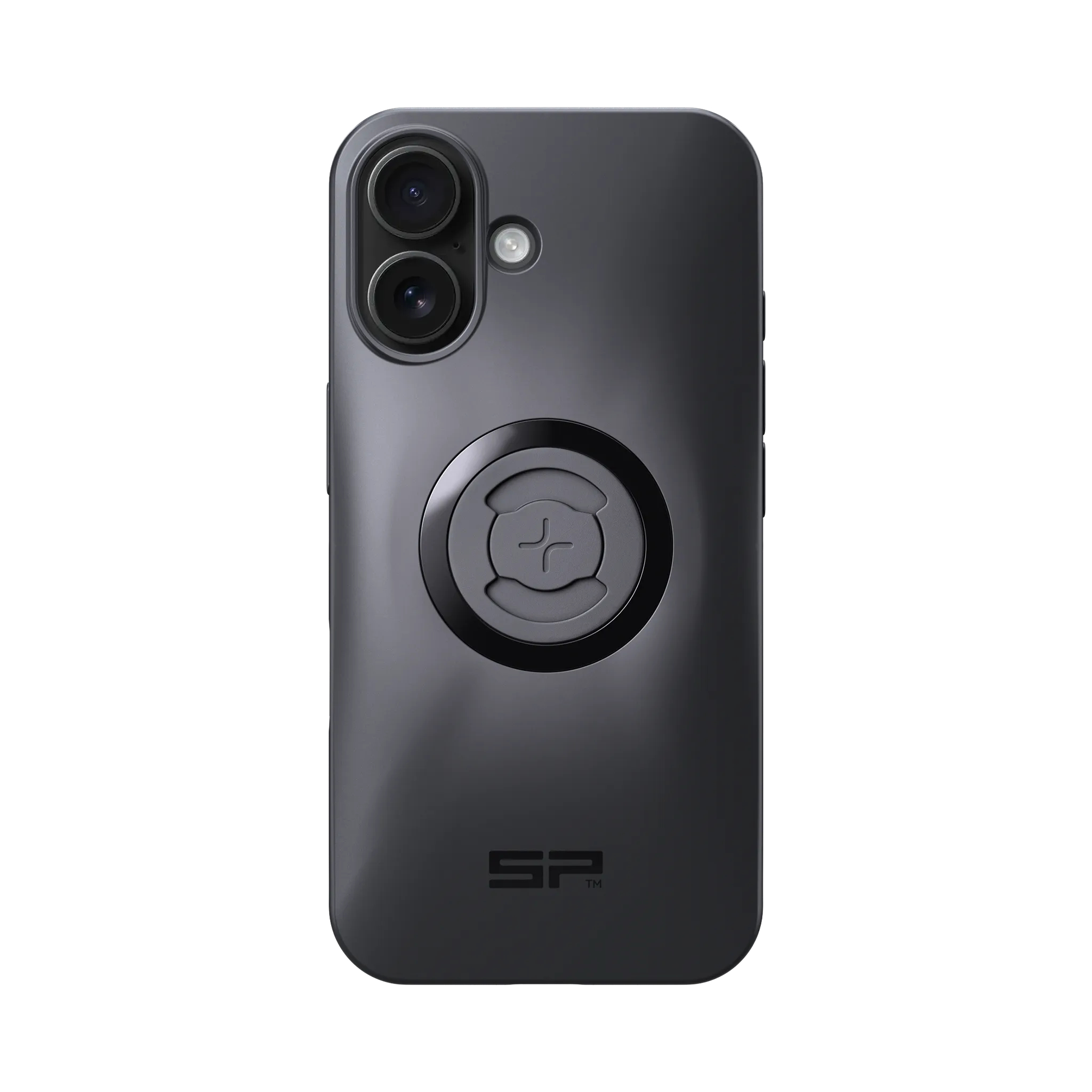 Dunkelgraues Handy mit zwei Kameras, Blitz und schwarzem SP-Logo.
