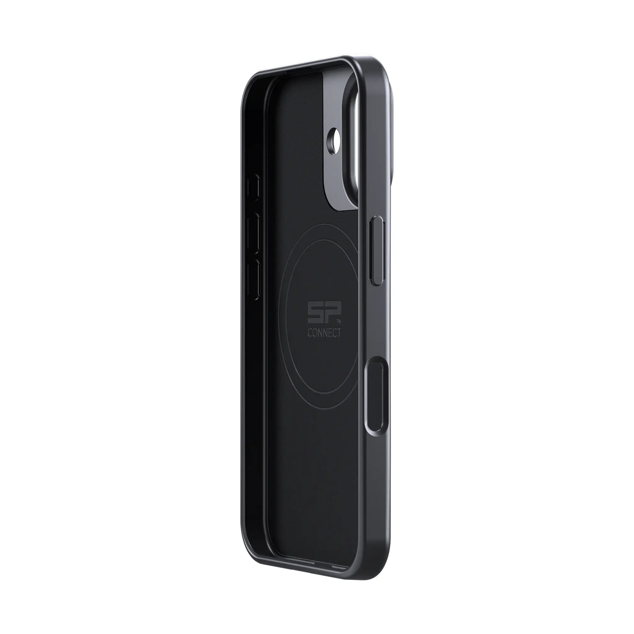 Schwarze iPhone-Hülle mit SP Connect Logo, auf weißem Hintergrund.