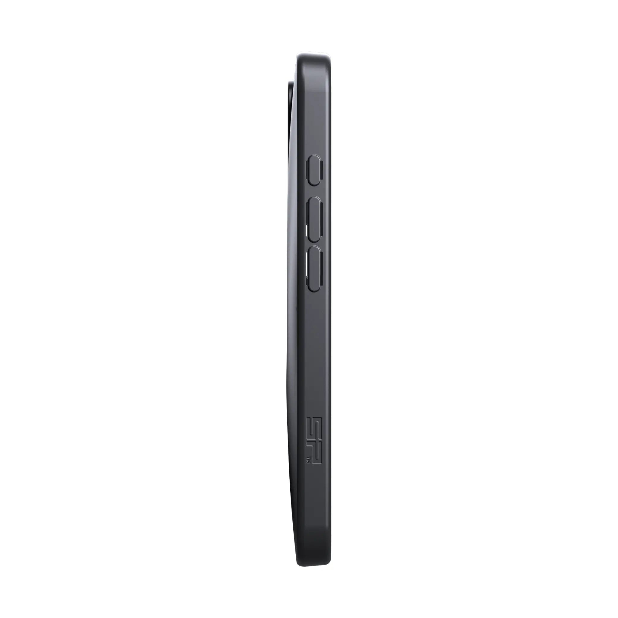 Schwarzes Handycase im Profil mit Tasten und Logo.