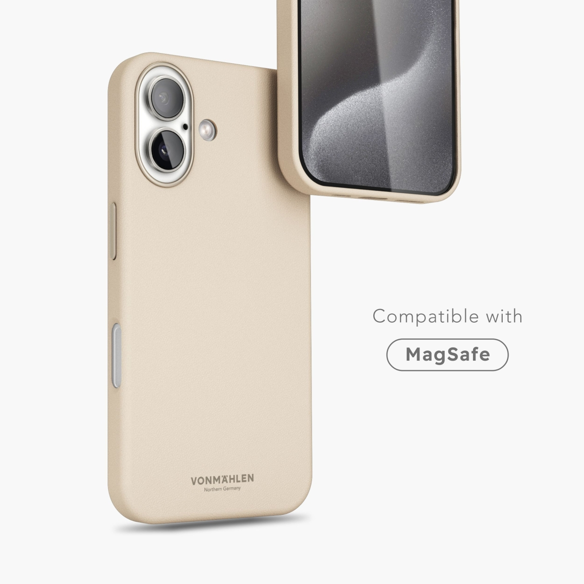 Eine beige Handyhülle mit MagSafe-Kompatibilität und Kamerahalterung.
