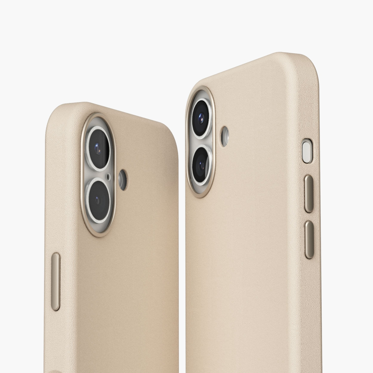 Zwei helle iPhone-Hüllen mit Doppelkameralinsen auf weißem Hintergrund.
