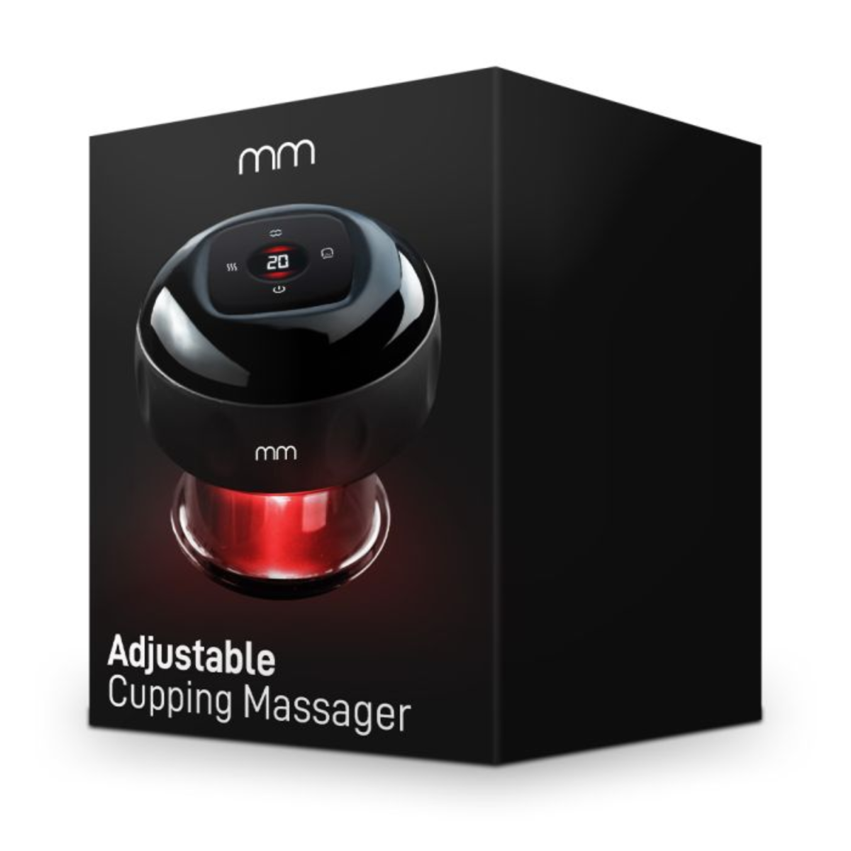 Zwarte verpakking met cupping massager, rode lichten en tekst 'Adjustable Cupping Massager'.
