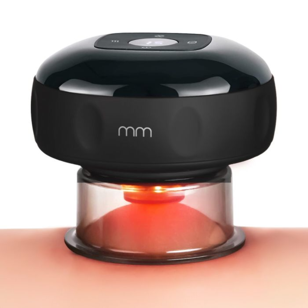 Zwart apparaat met rood licht op huid, dat zuigkracht toont.