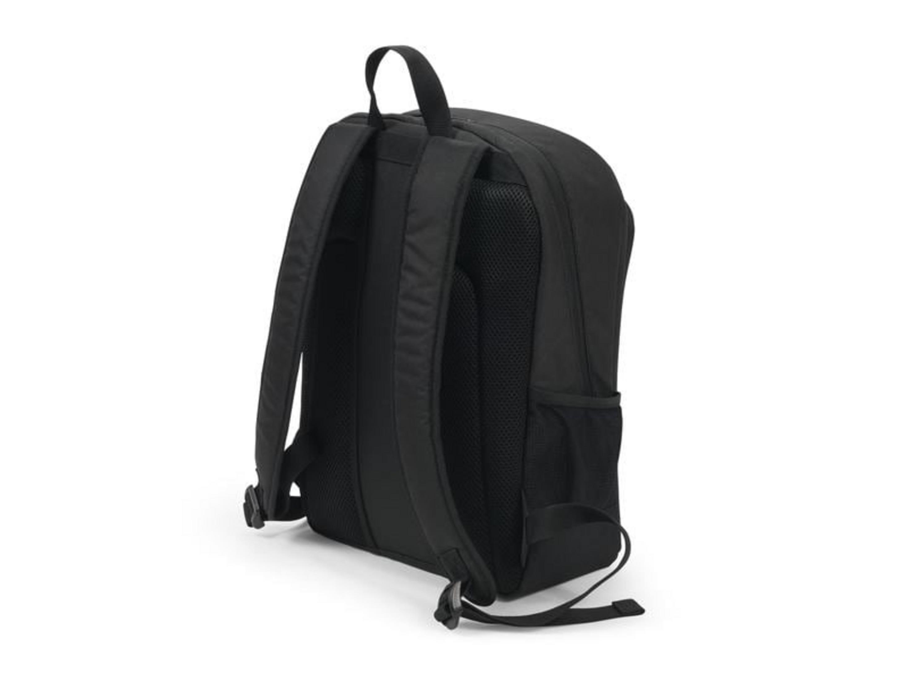 Schwarzer Rucksack mit gepolsterten Trägern und Netzrückseite.