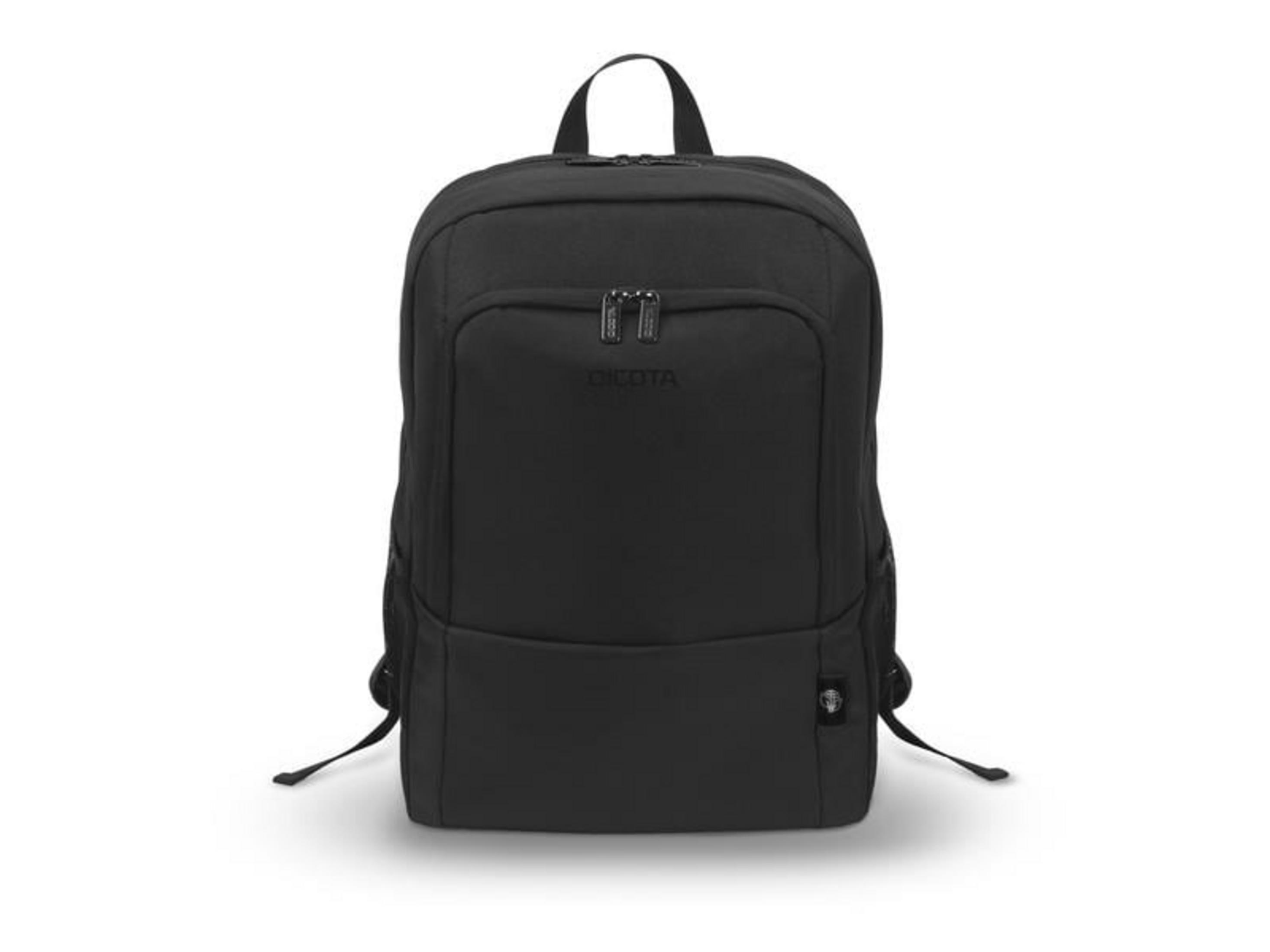 Ein schwarzer Rucksack mit Reißverschlusstaschen und dem DICOTA-Logo.