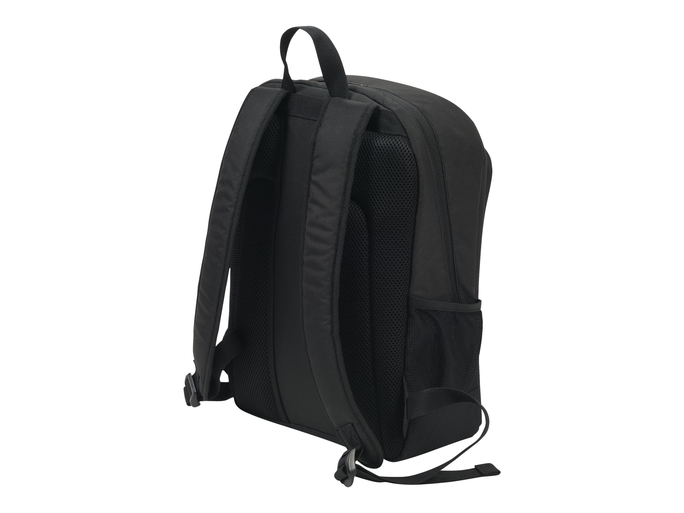 Ein schwarzer Rucksack mit gepolsterten Gurten und Netzseitenfächern.