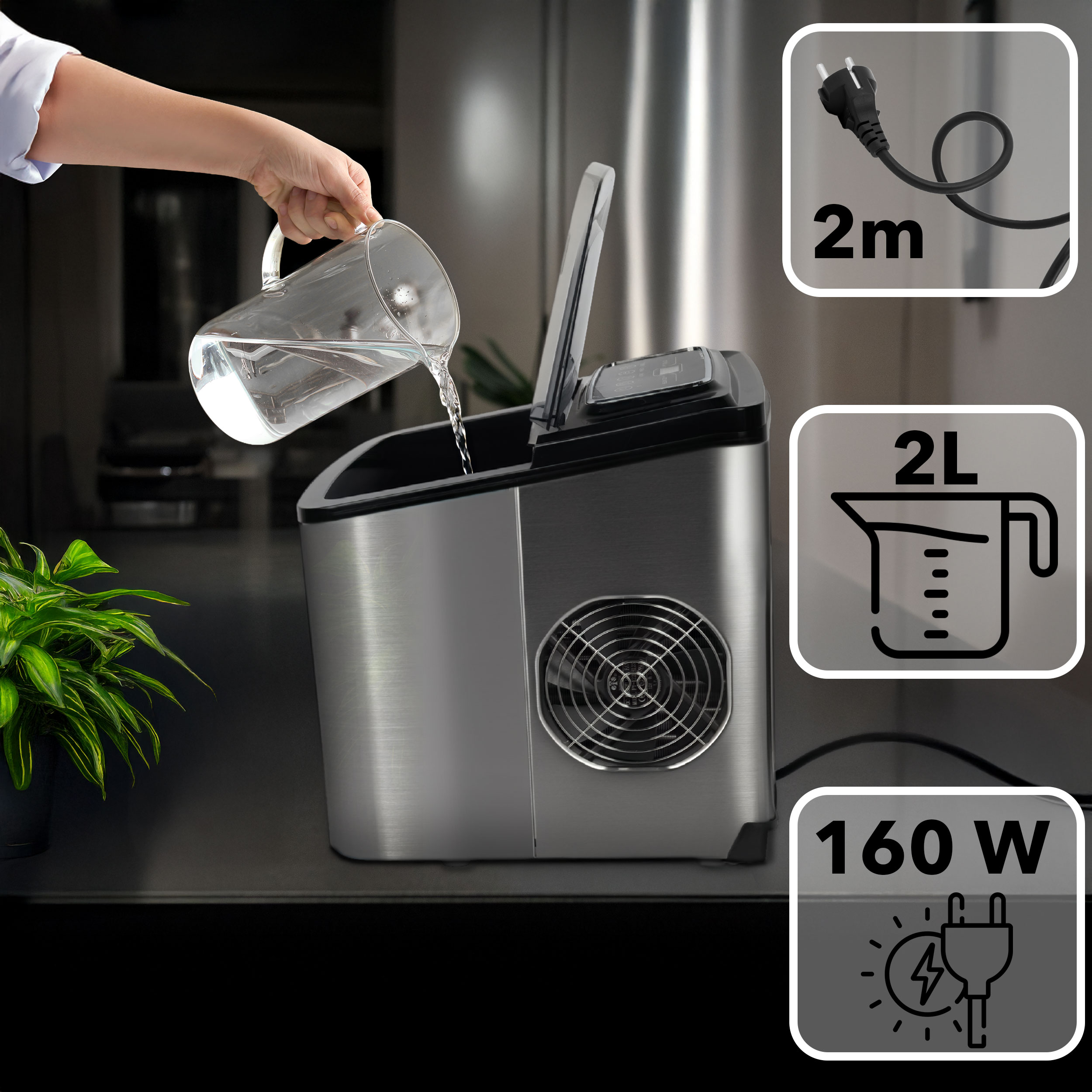 Woda jest wlewana do srebrnego urządzenia. Obok znajdują się ikony kabla zasilającego, miarki i mocy.