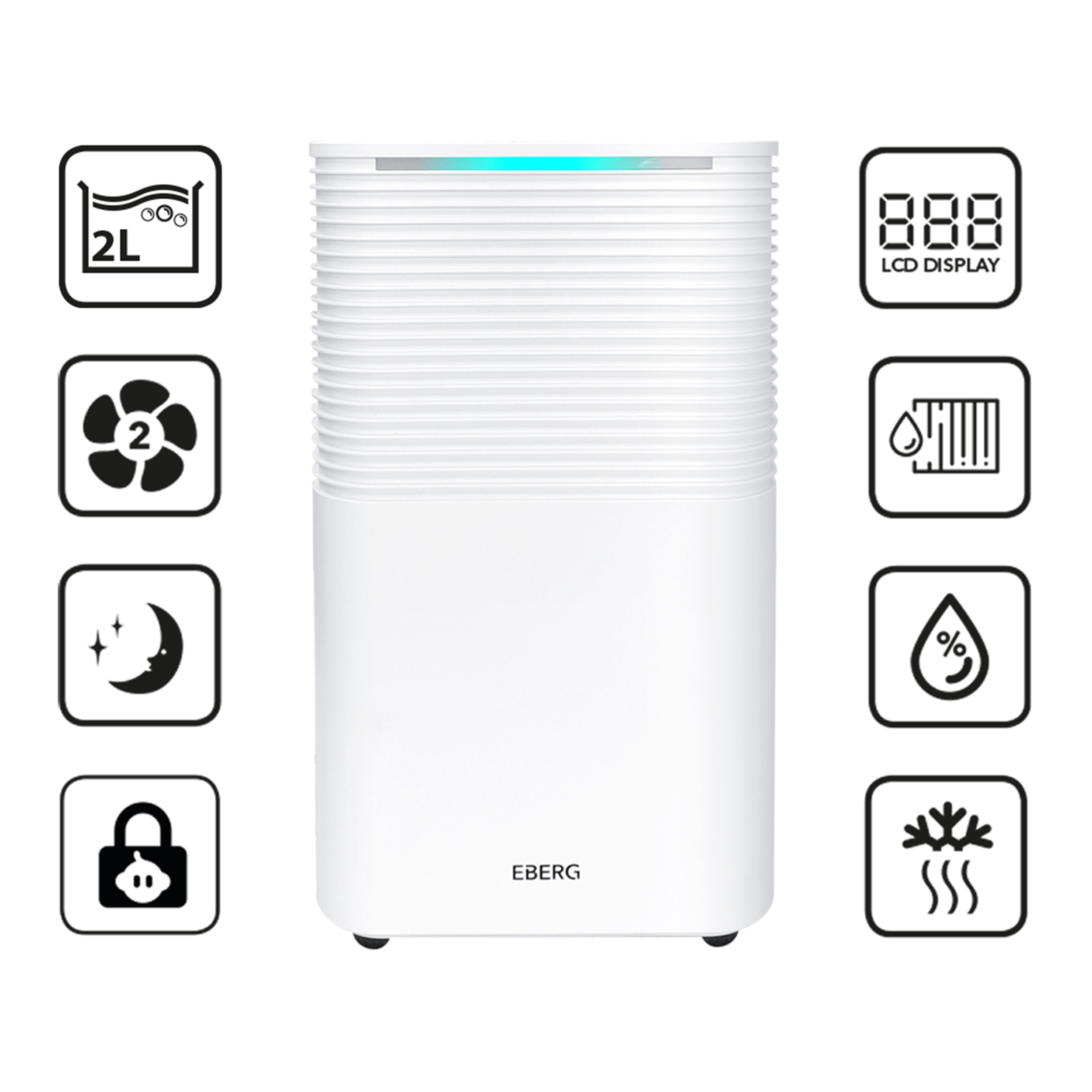 Biały osuszacz powietrza z ikonami zbiornika, wentylatora, księżyca, zamka, wyświetlacza, kropli i śniegu.