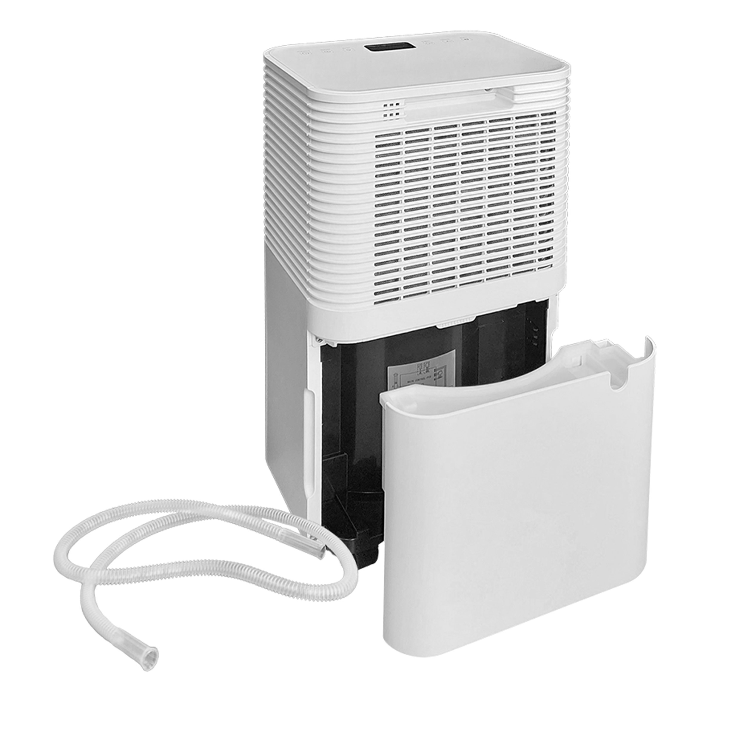 Biały osuszacz powietrza ze zdjętym zbiornikiem na wodę i wężem.