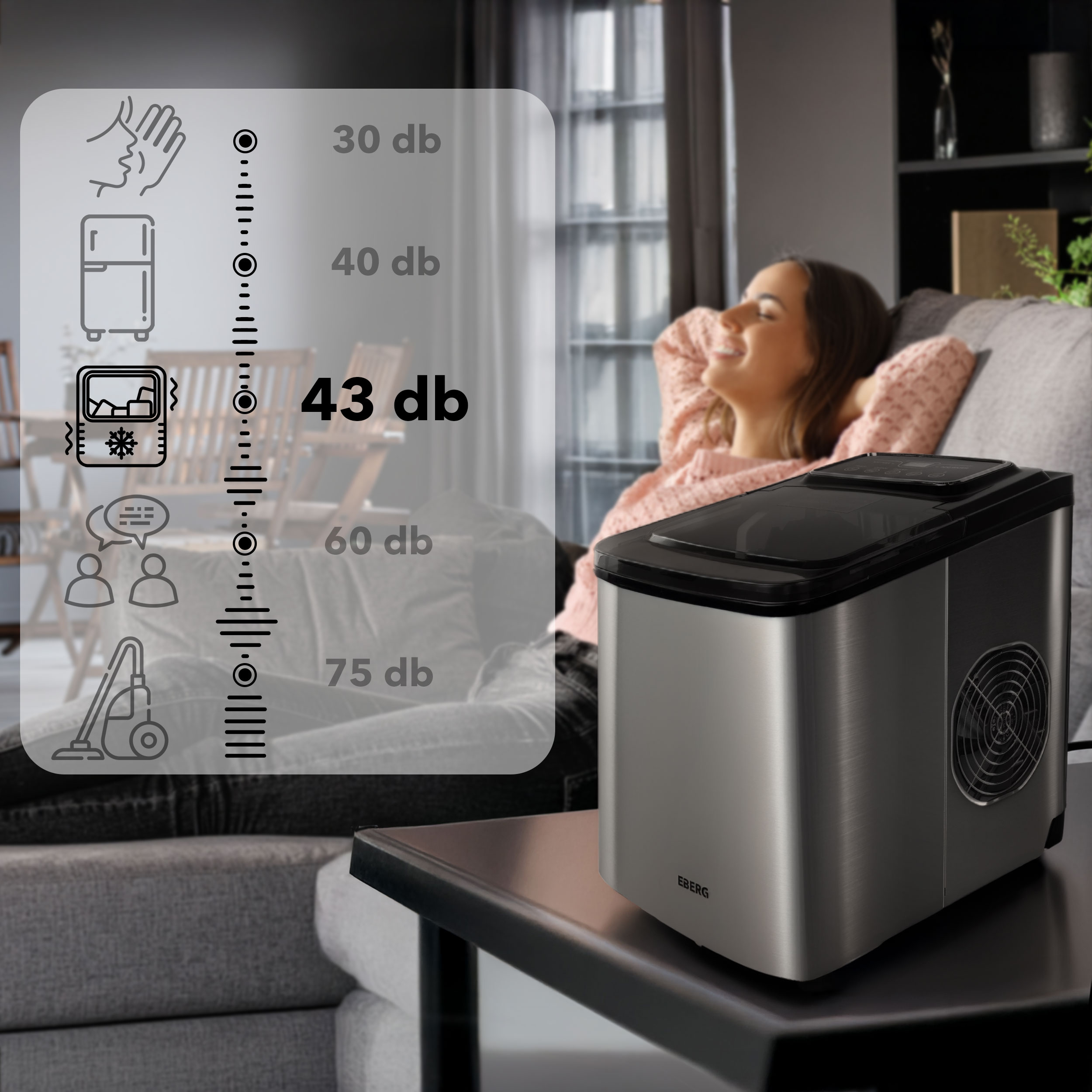 Kobieta relaksuje się, gdy kostkarka do lodu cicho pracuje na 43 dB.