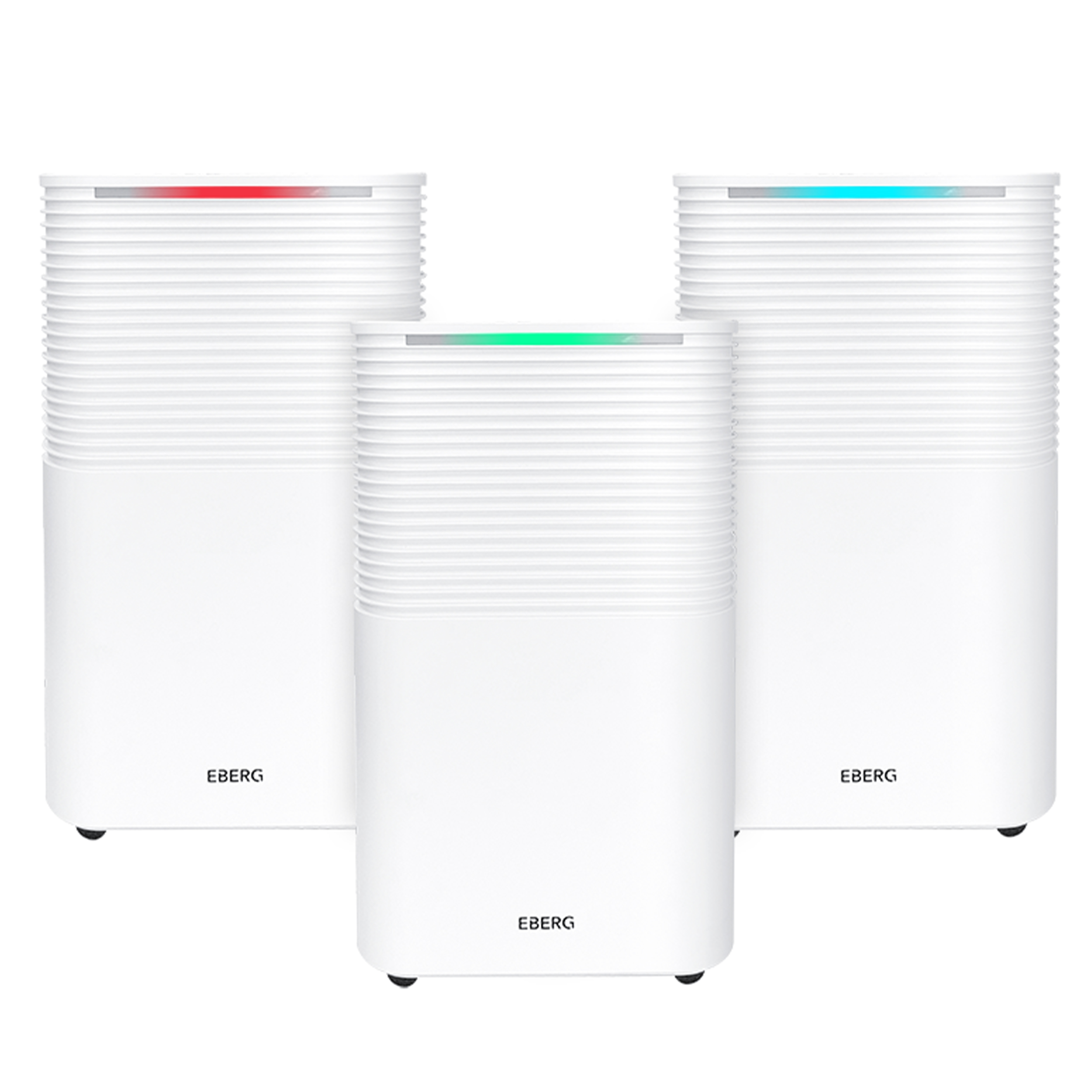 Trzy białe osuszacze Eberg różnej wielkości z kolorowymi światłami.