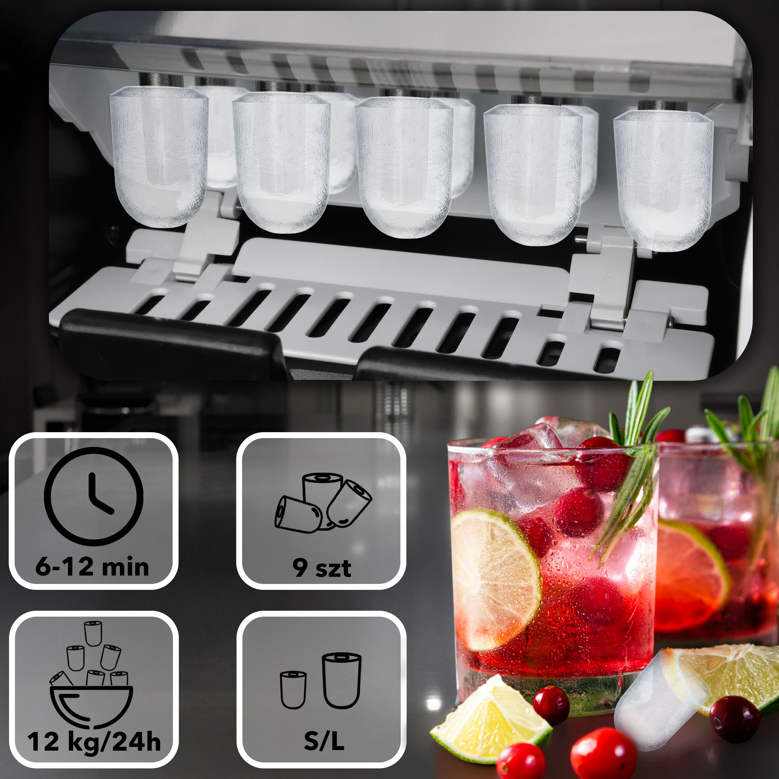 Maszyna do lodu z czterema formami, obok koktajle, kostki lodu i jagody.