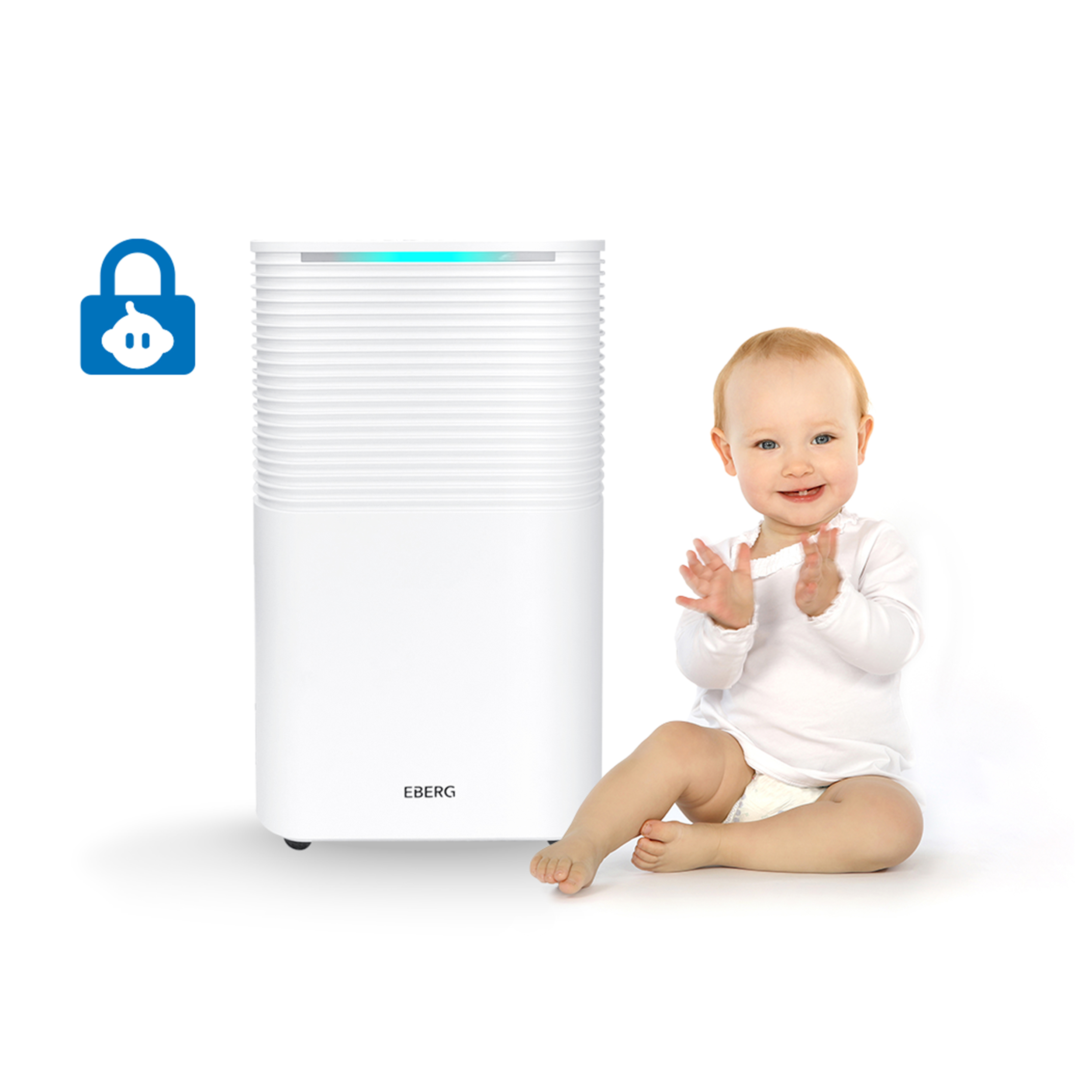 Dziecko klaszcze obok białego oczyszczacza powietrza z niebieską ikoną dziecka.