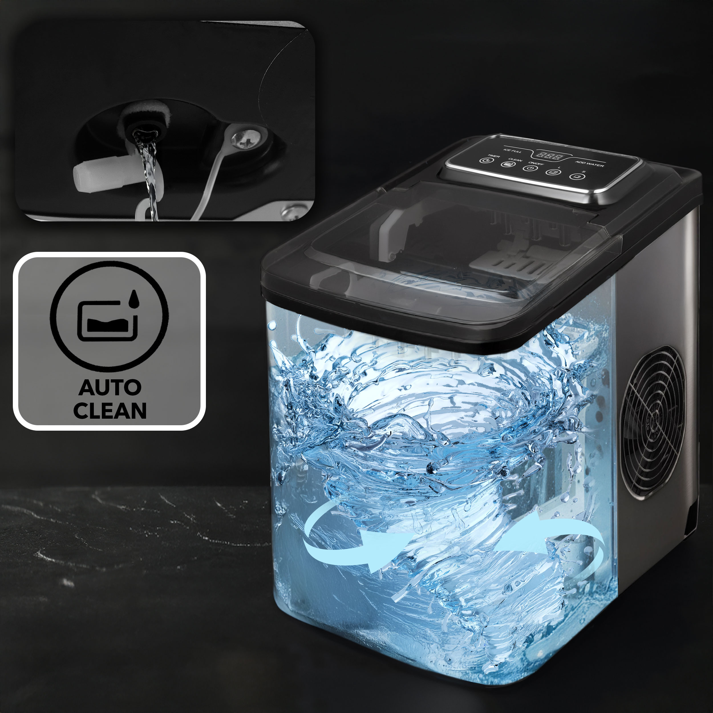 Maszyna do lodu z przezroczystym pojemnikiem, pluskającą wodą i symbolem autoczyszczenia.