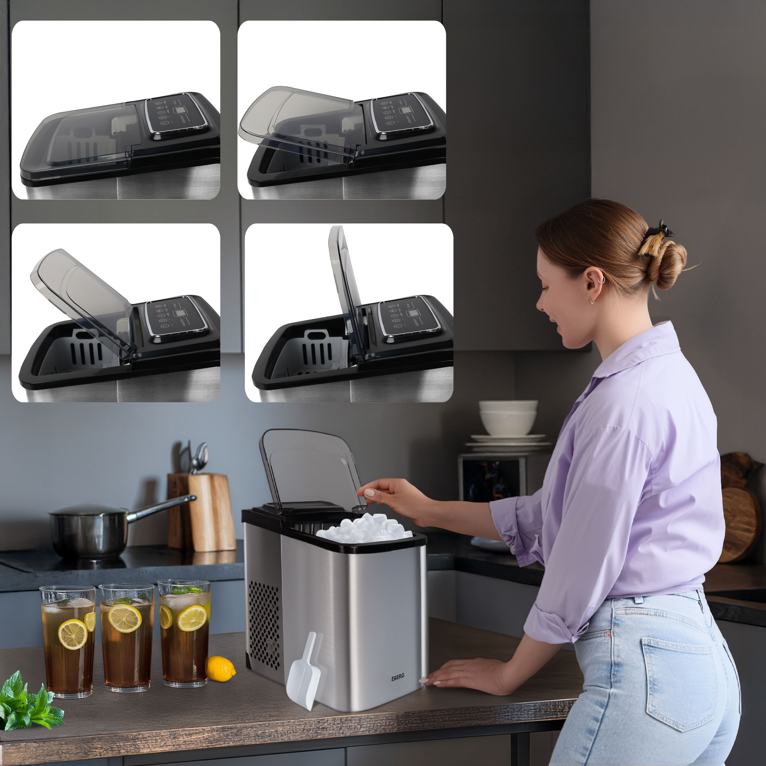 Kobieta obsługuje maszynę do lodu; szklanki mrożonej herbaty z cytryną i miętą.