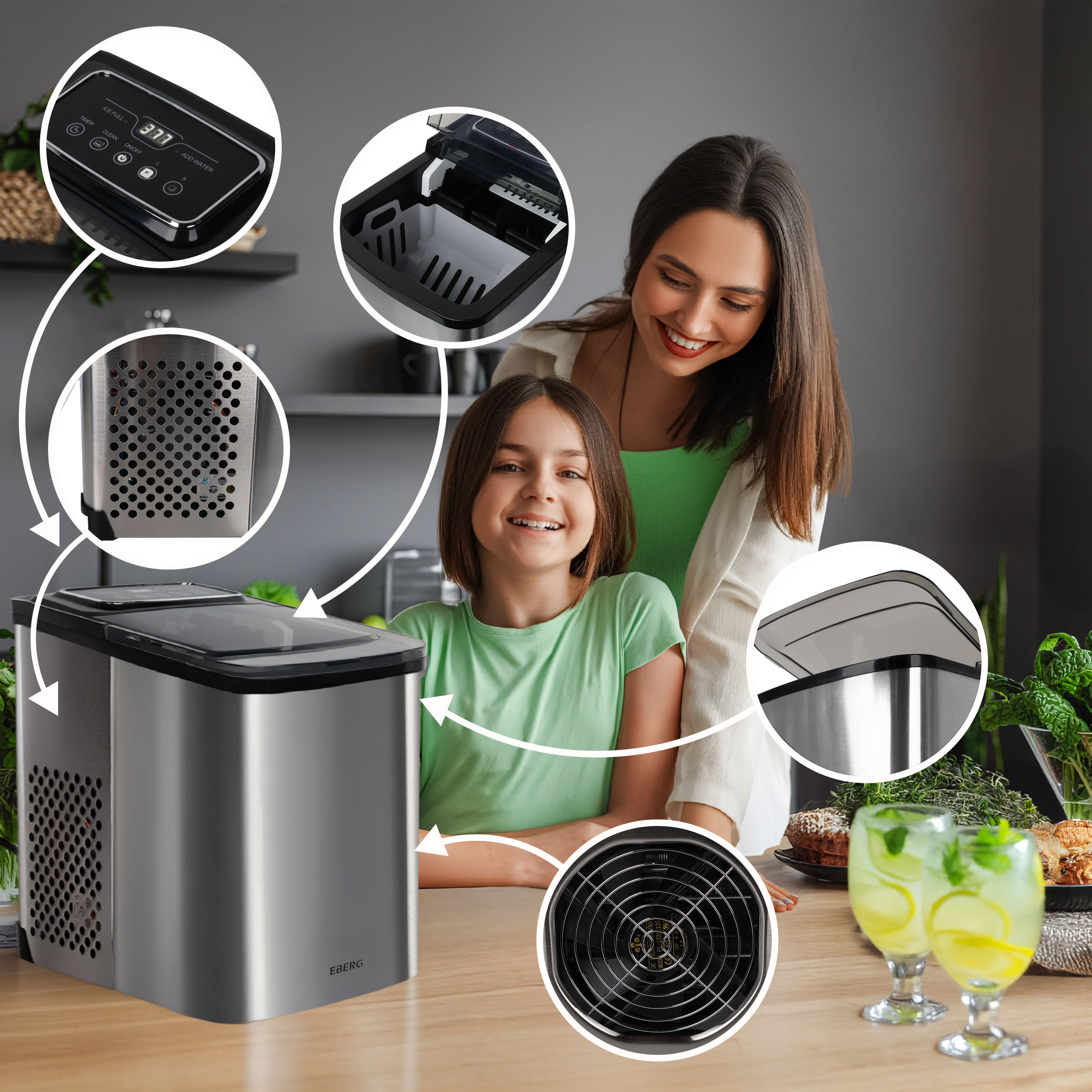 Kobieta i dziewczynka stoją przy srebrnej maszynie do lodu. Zbdięcia z bliska pokazują panel sterowania, pojemnik na lód i wentylator.