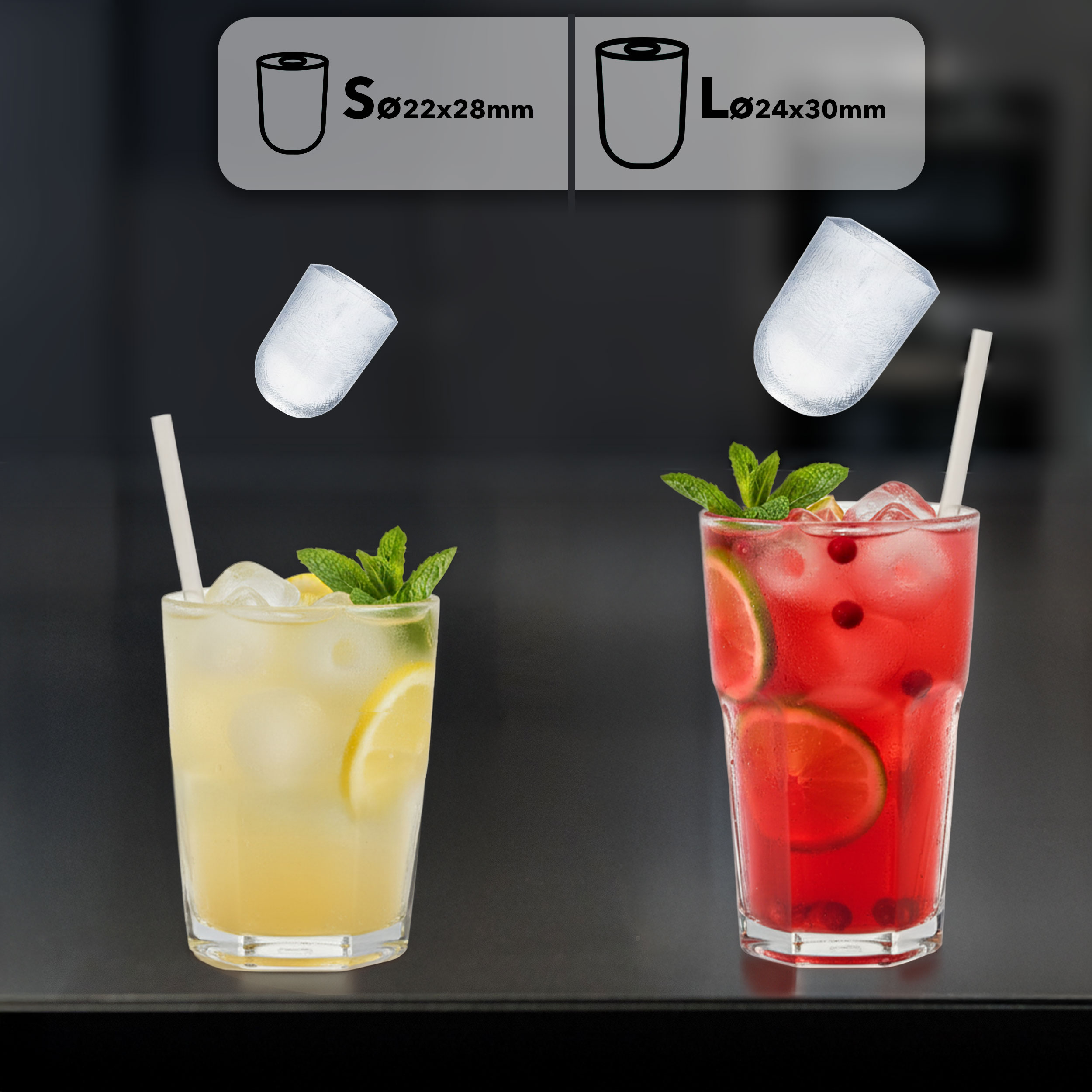 Dwa szklanki napojów: jedna żółta z cytryną, druga czerwona z jagodami i limonką.