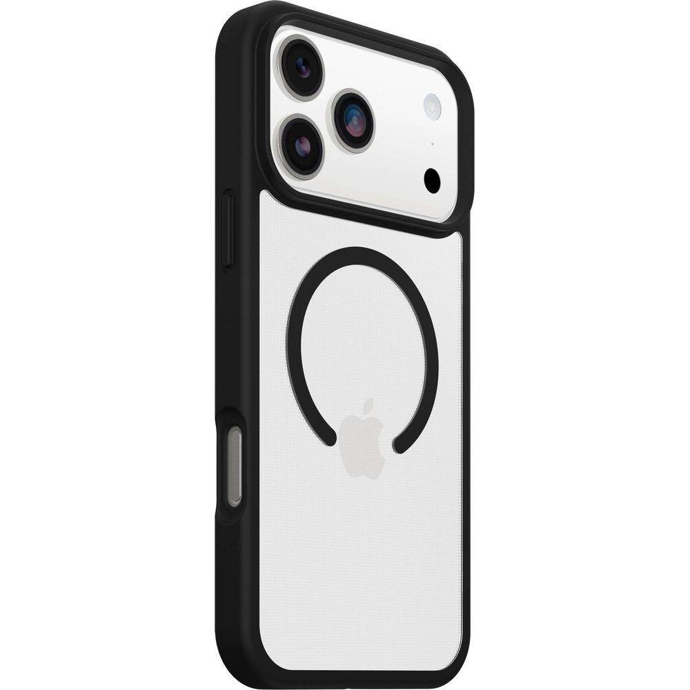 Custodia nera per iPhone con retro trasparente e logo Apple.