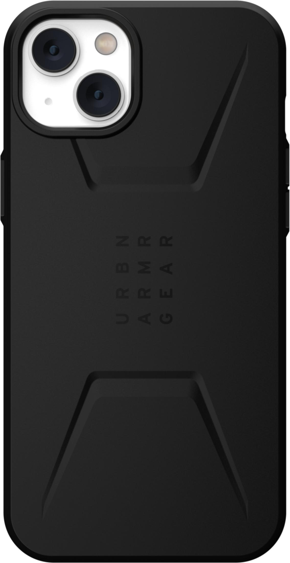 Schwarzes iPhone mit doppeltem Objektiv und geprägtem Text.