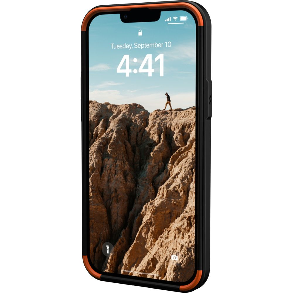 Robustes orangefarbenes iPhone mit Berglandschaft auf dem Bildschirm.