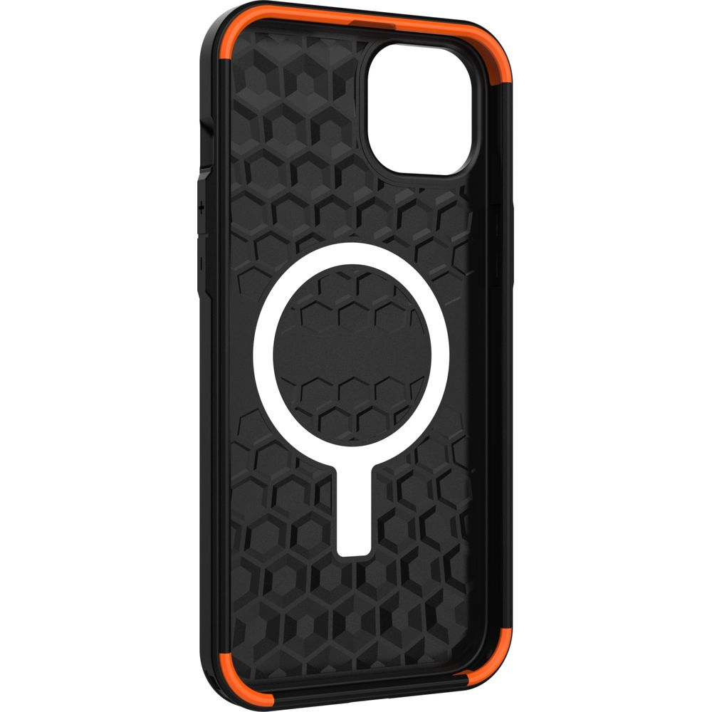 Schwarze Handyhülle mit orangefarbener Zierleiste und weißem Magnetlogo auf strukturierter Rückseite.